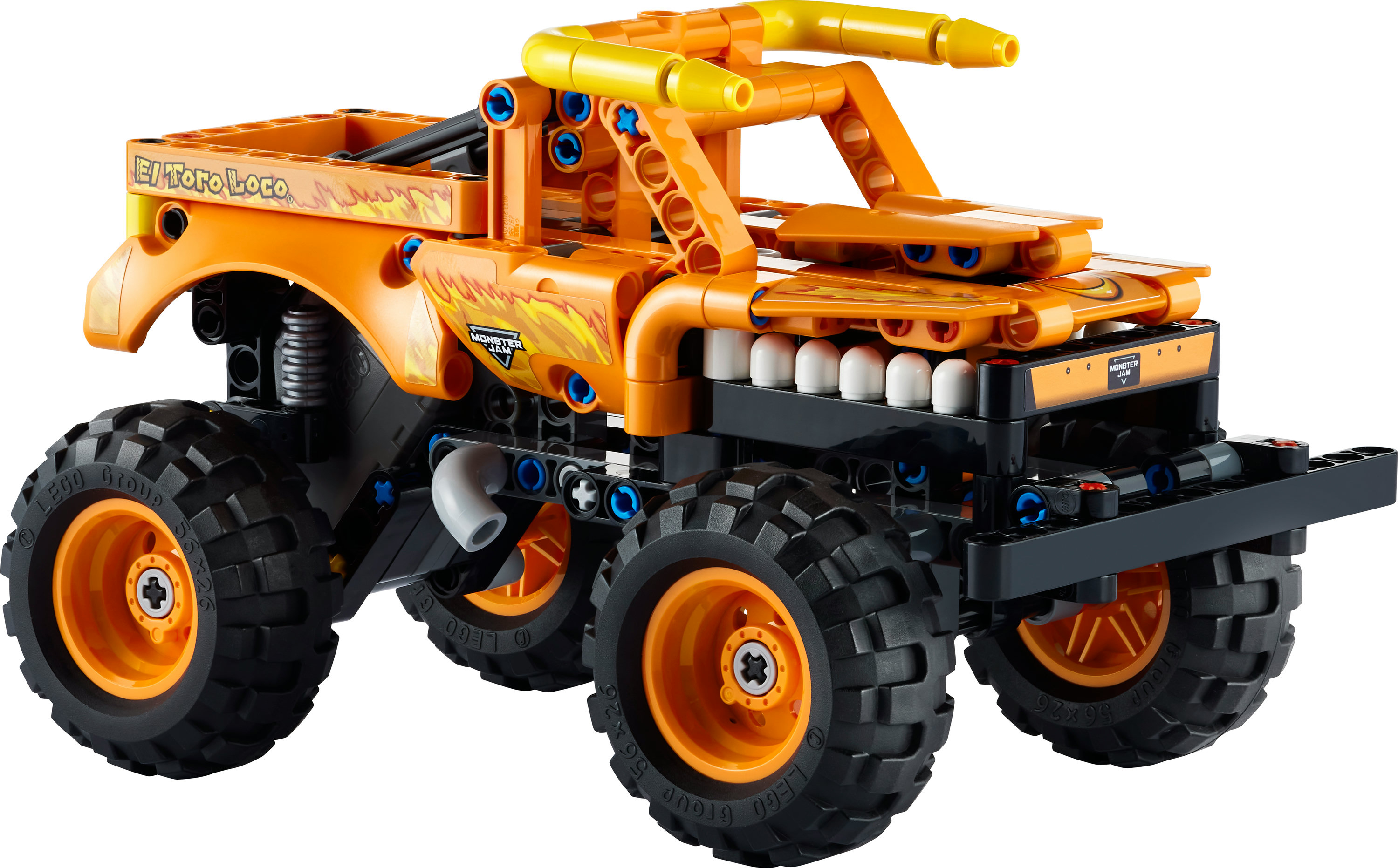 Set Lego Technic: un monster truck arancione con pneumatici grandi e dettagli gialli su sfondo bianco.