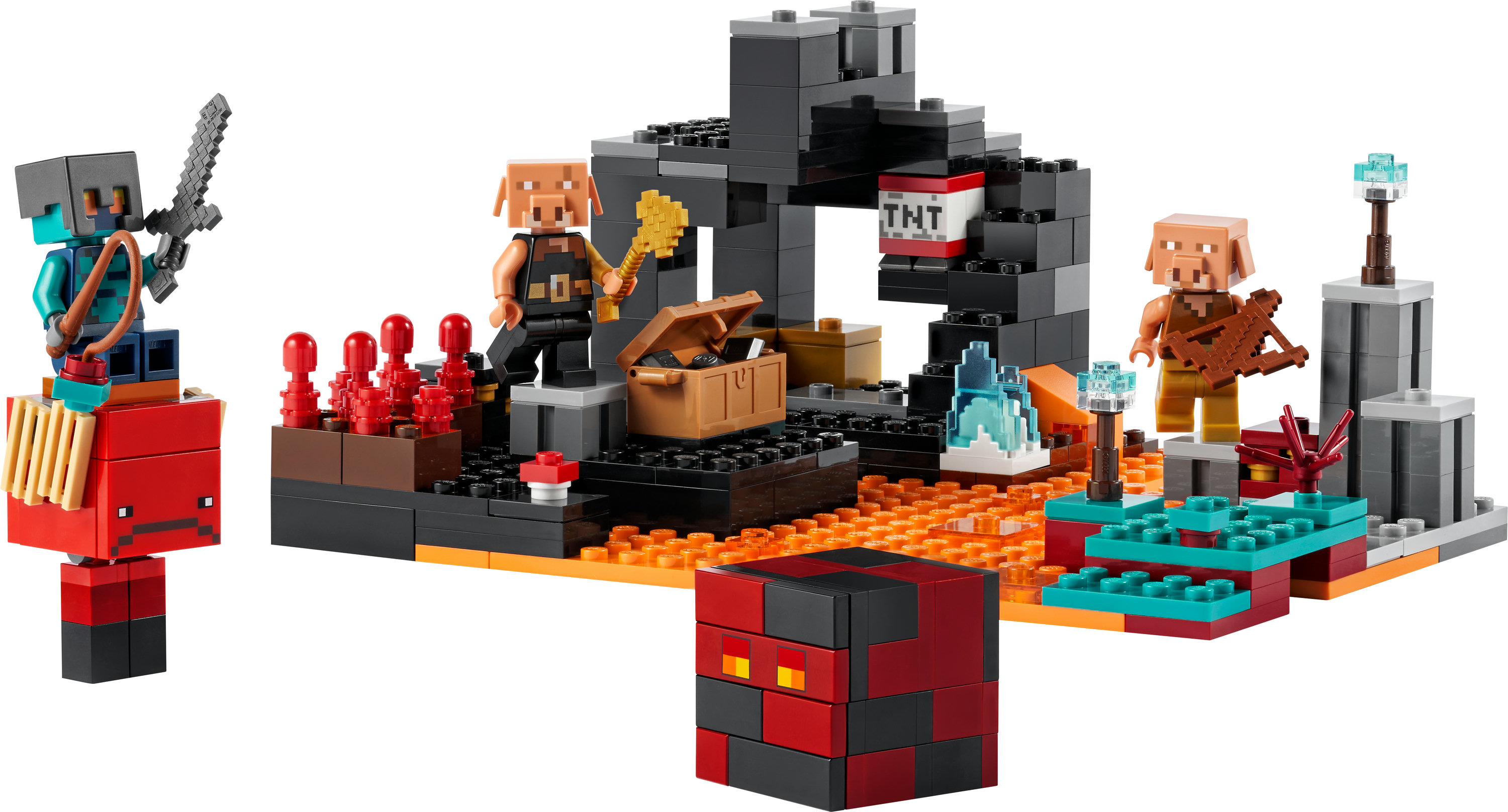 Eine Lego Minecraft Szene mit mehreren Figuren und einer dunklen Höhle.