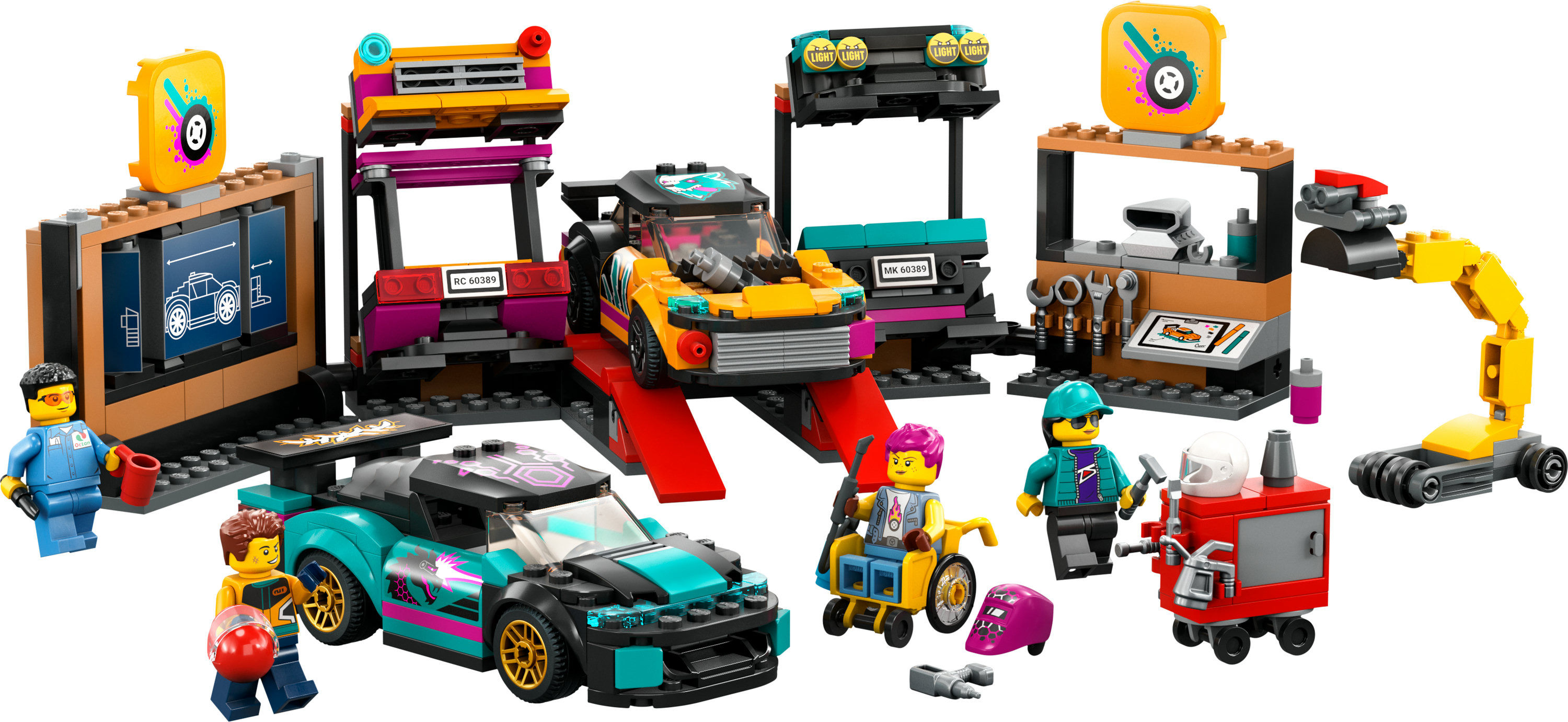 Lego City Garage Set mit Rennwagen, Werkstatt und Minifiguren. Es ist eine detaillierte, dynamische Szene.