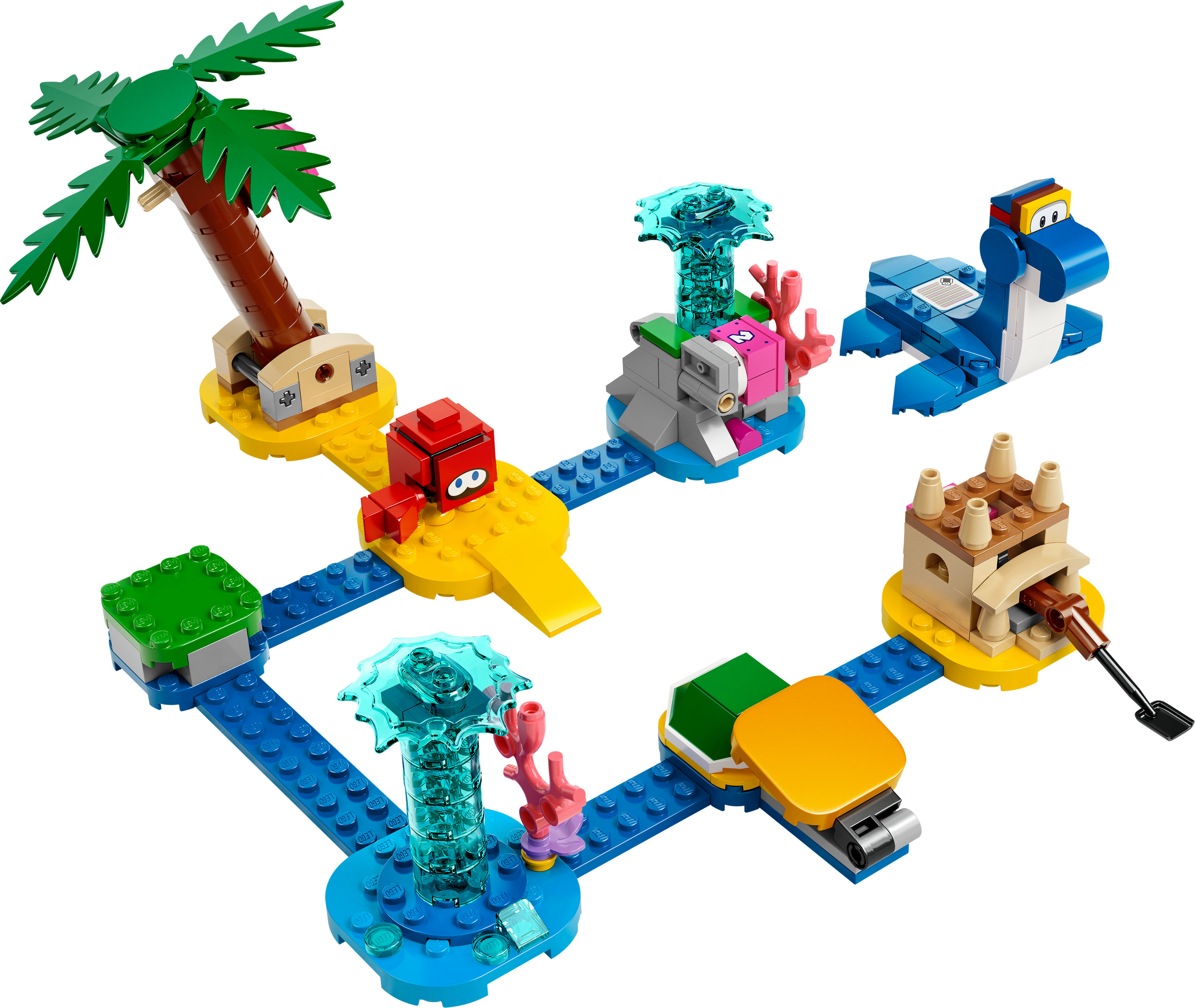 LEGO Super Mario Level-Set mit verschiedenen bunten Bauten auf blauer Basis. Enthält eine Palme.