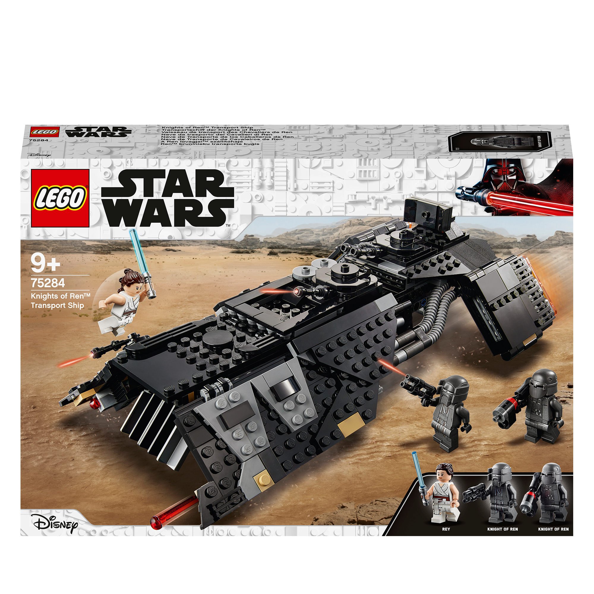 LEGO Star Wars seti, beyaz bir arka plan üzerinde fırtına askerleriyle siyah nakliye gemisi. Bir kutu seti gösteriyor.