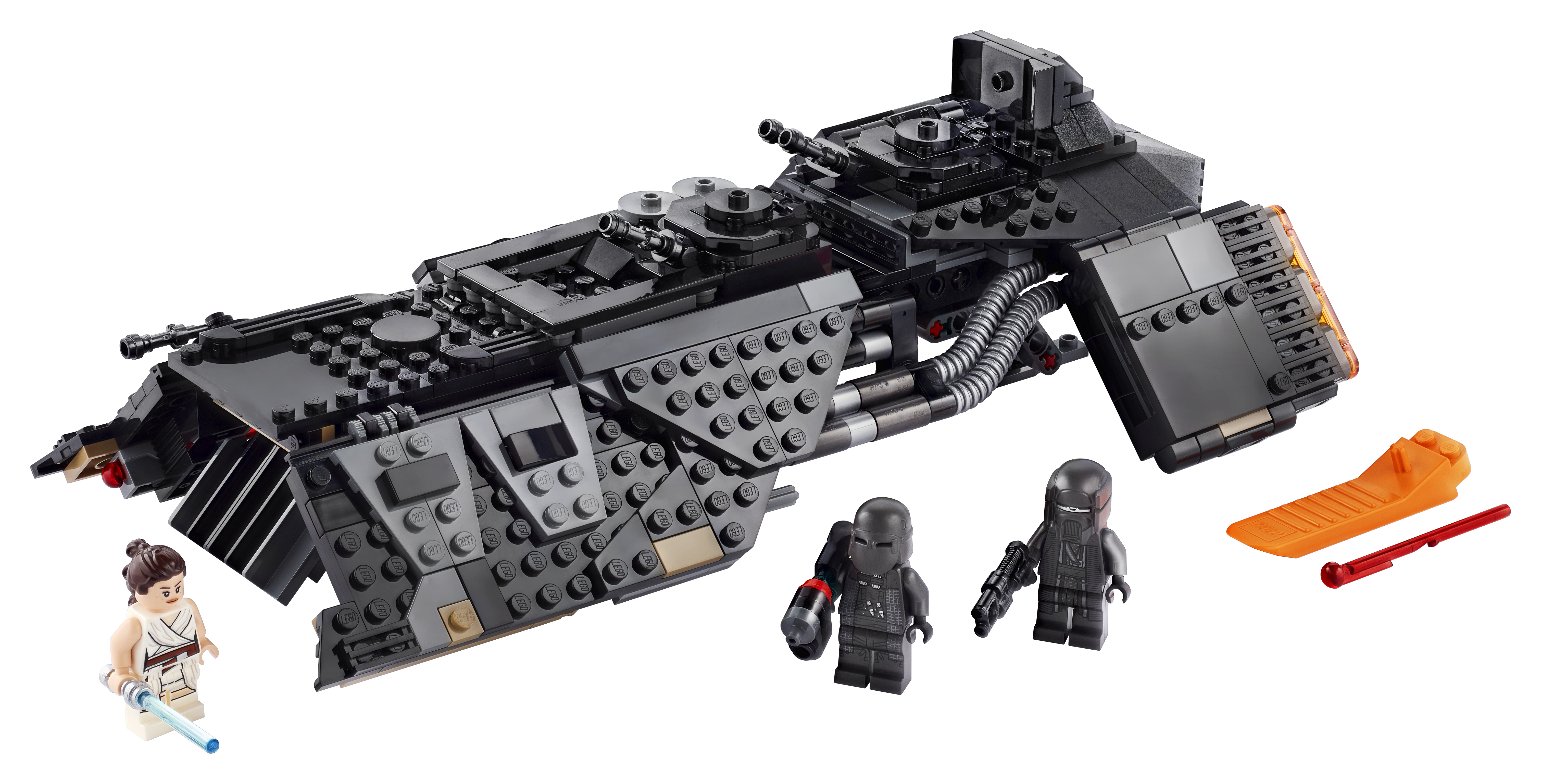 Figürlerle Lego Star Wars Imperial Light Cruiser modeli. Turuncu ve gri detaylara sahip siyah bir uzay gemisi.