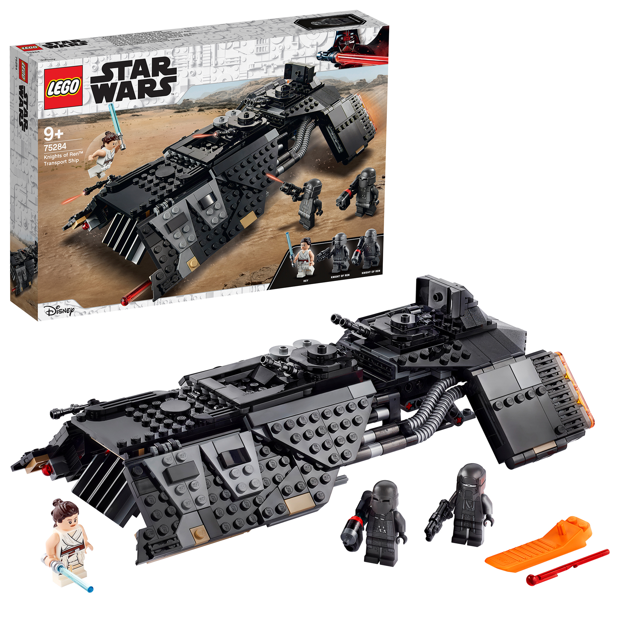 Lego Star Wars seti: figürler ve çöl manzarası arka planı ile siyah bir nakliye gemisi.