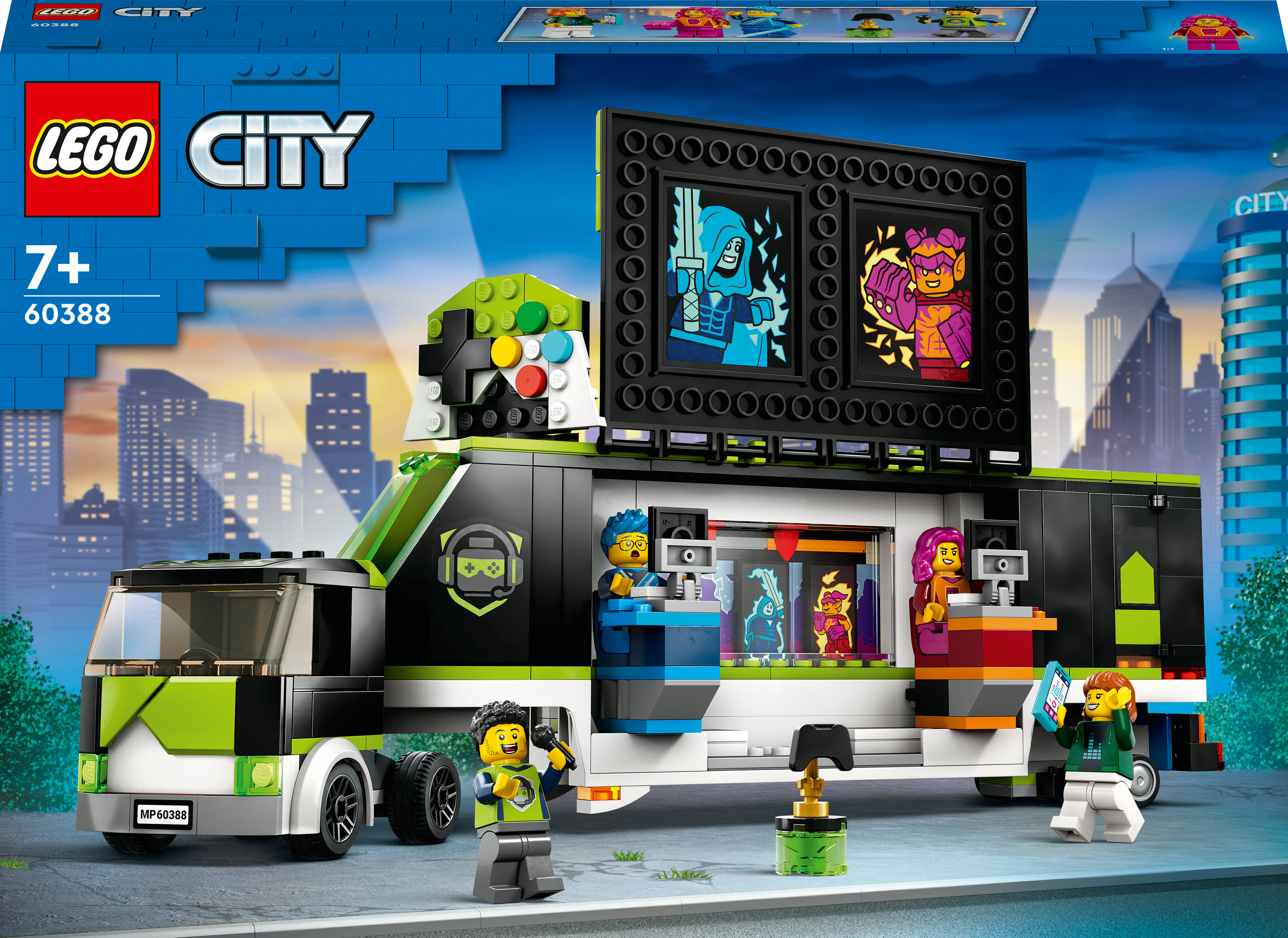Set Lego City, camión de juegos móvil. Incluye minifiguras, pantalla con personajes y un fondo de ciudad.