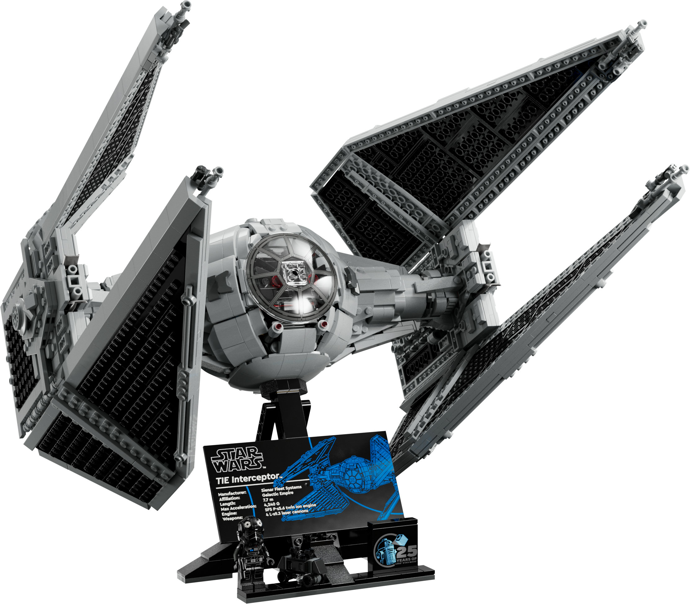 Model Lego Star Wars TIE Interceptor, szary, na czarnym stojaku z minifigurką.