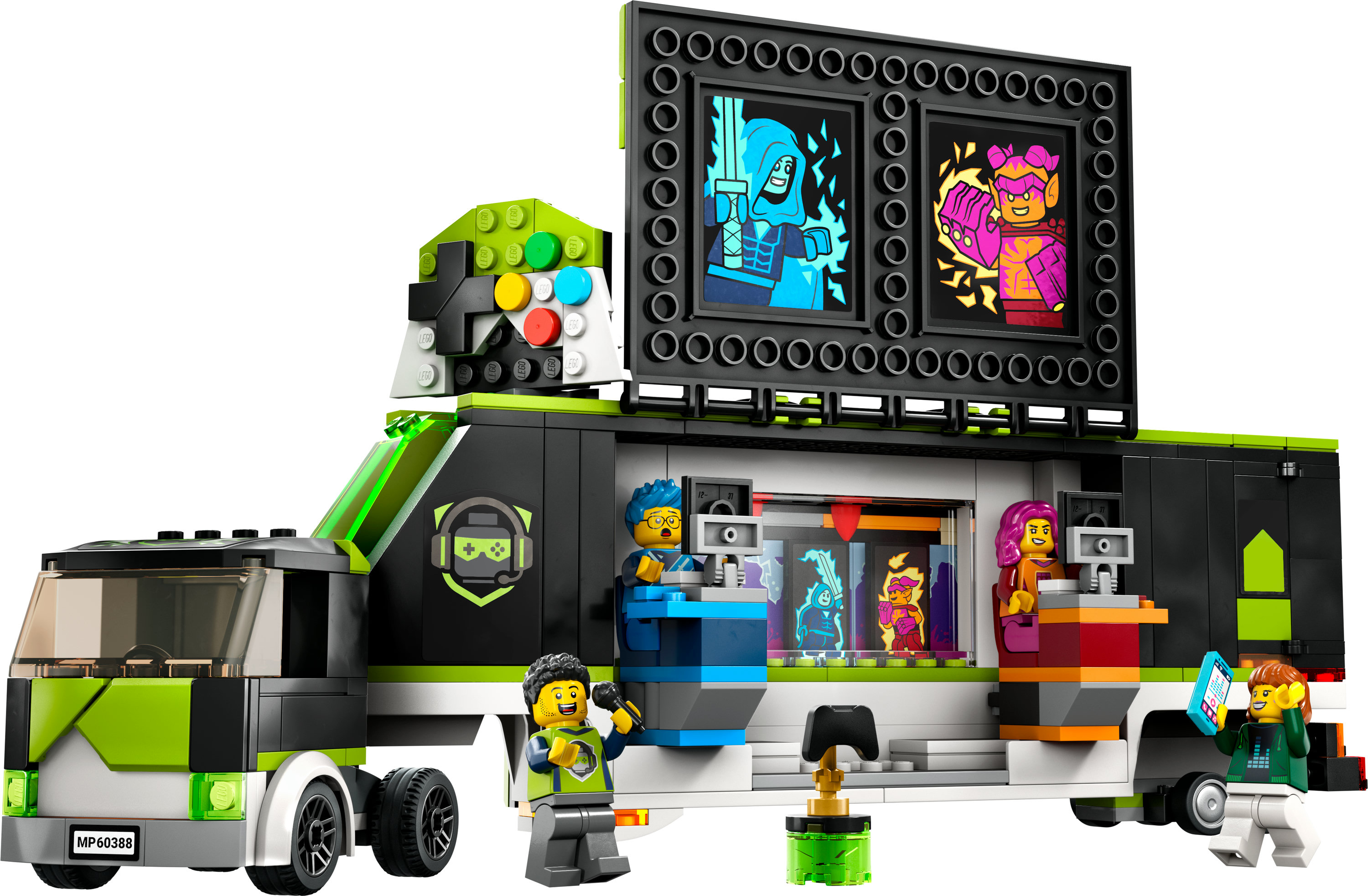 Un camión de juguete Lego con una pantalla grande en la parte superior, figuras y varias pantallas de juego en el interior.