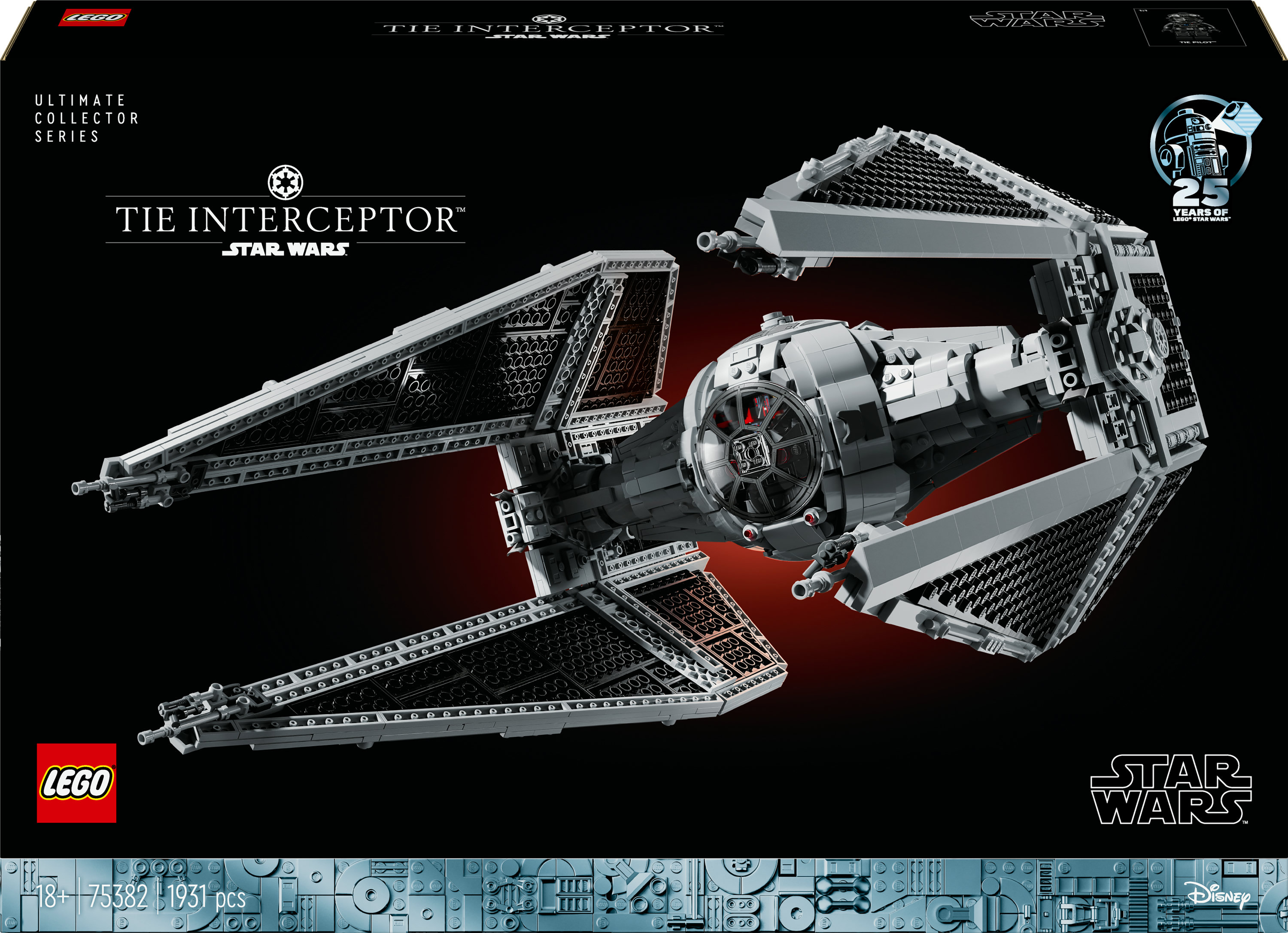 Pudełko Lego Star Wars Tie Interceptor. Statek jest szary i czarny, z logo Star Wars.