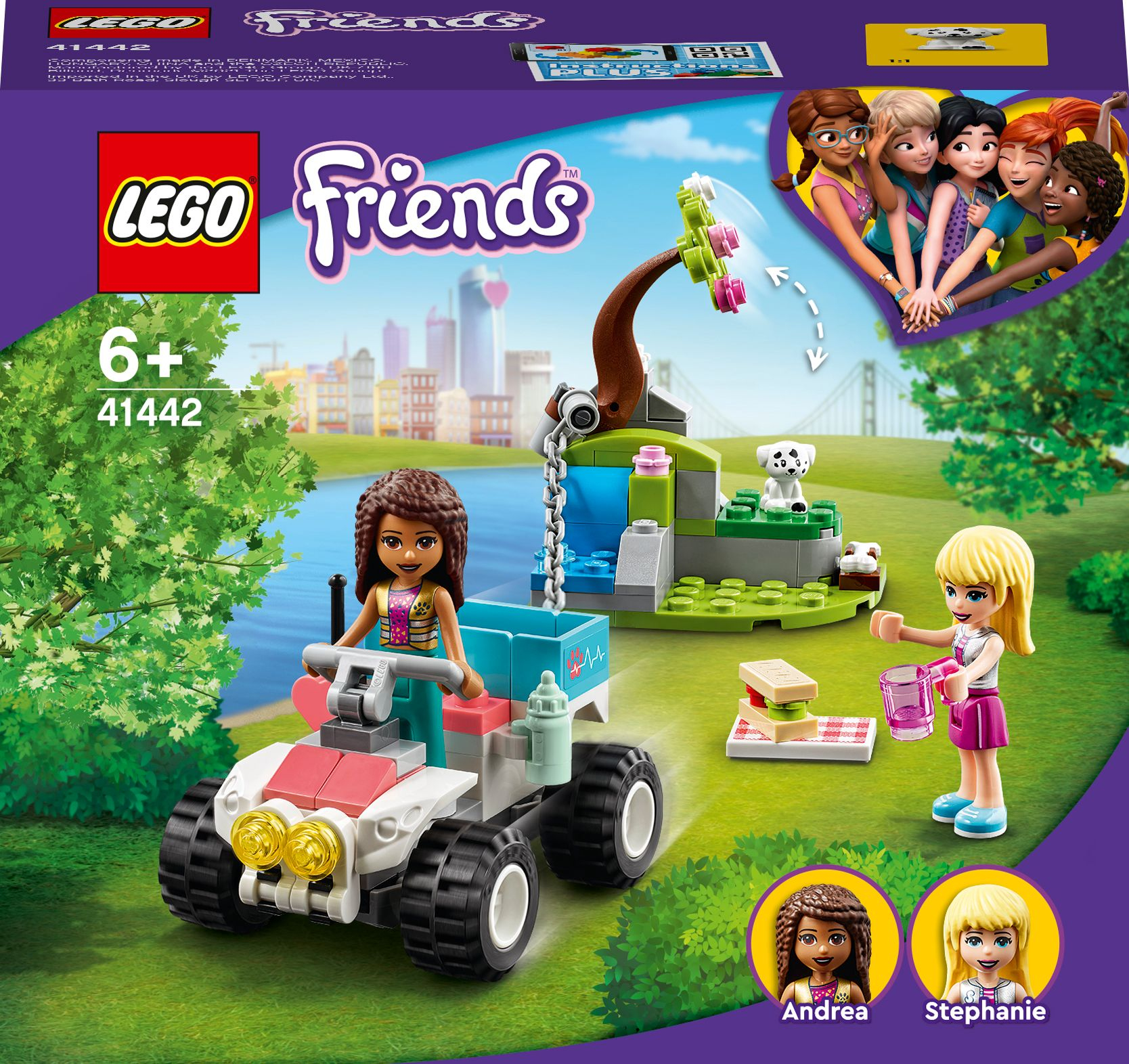 Lego Friends Set mit Figuren, einem Quad und einem Hund. Picknick-Szene mit See im Hintergrund.