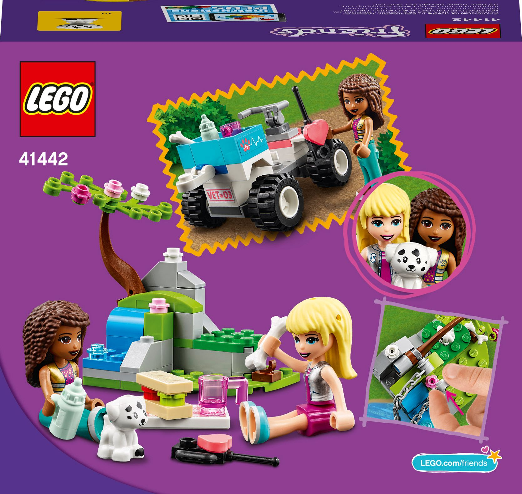 LEGO Friends Set-Box mit Bauszene, Figuren, Fahrzeug und Tierklinik-Setup.