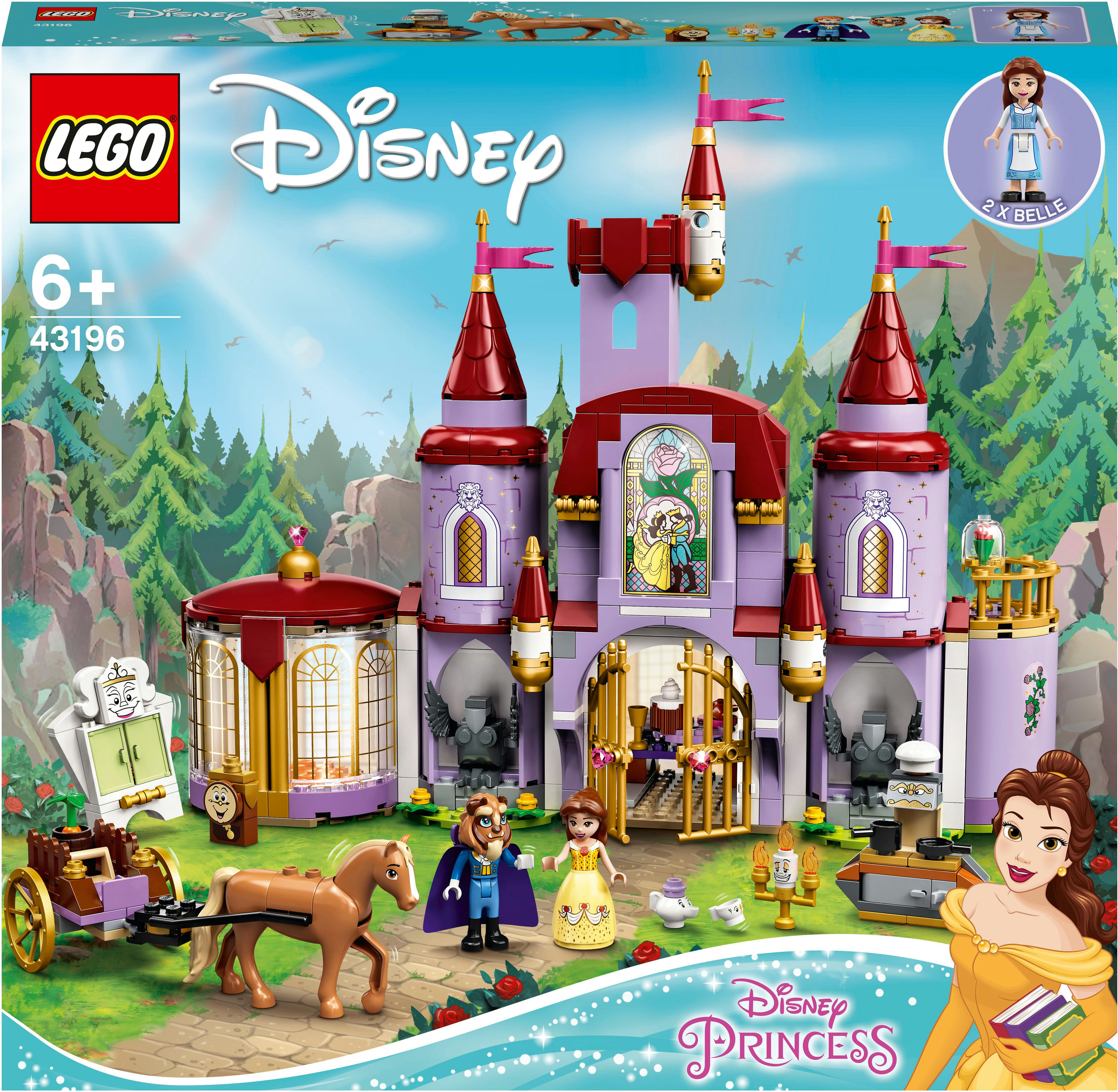 La scatola del set Lego Disney Princess. Mostra un castello con Belle, un cavallo e altri personaggi Disney.