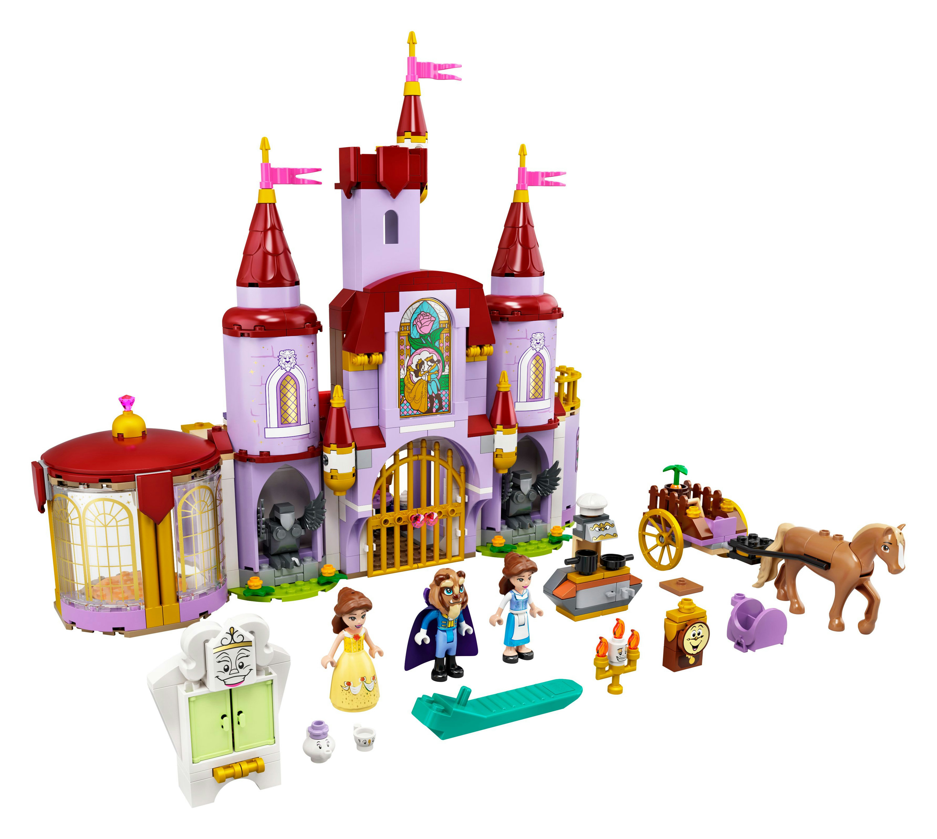 Set Lego Castello de La Bella e la Bestia. Include personaggi di Belle, Bestia e accessori.