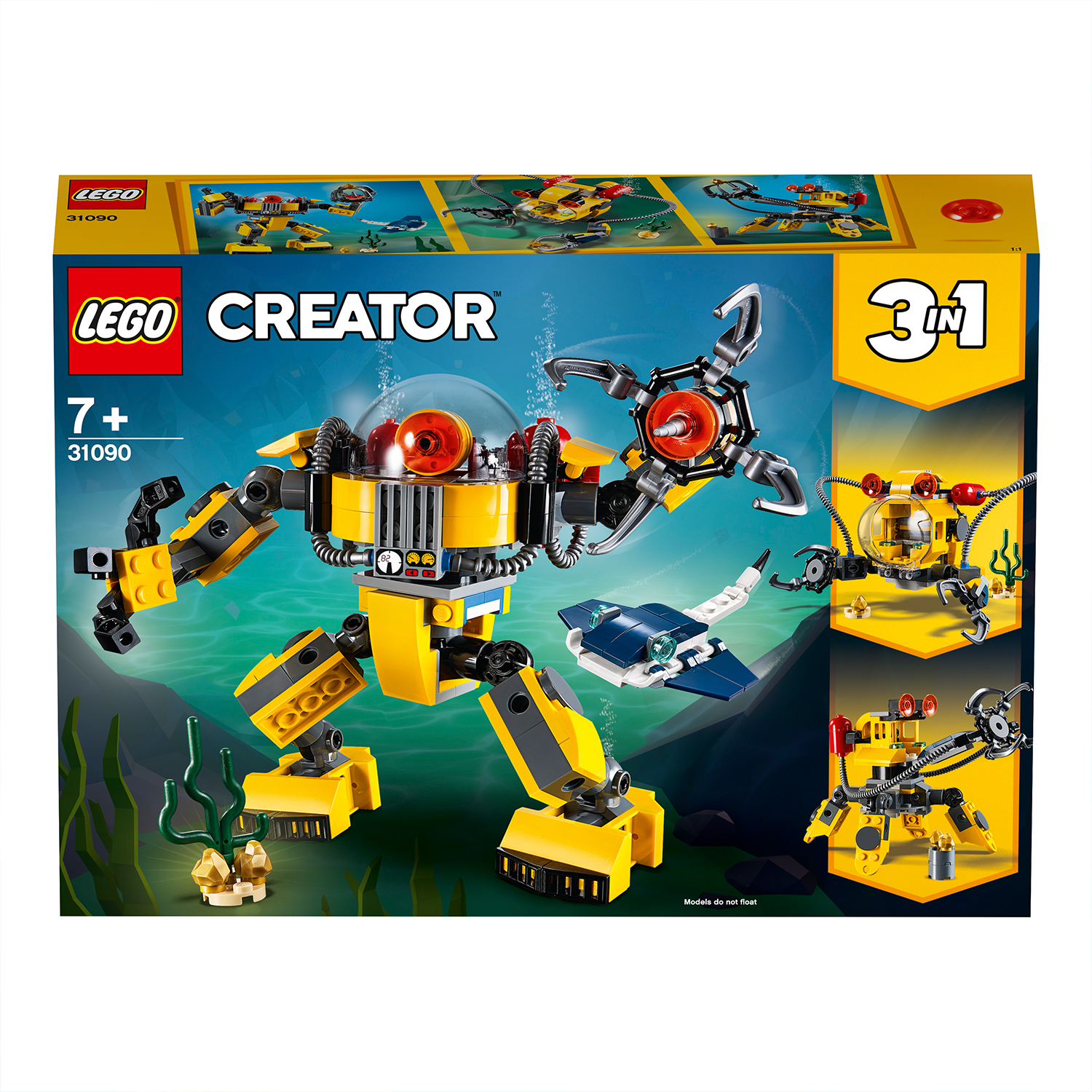 Scatola del set Lego Creator. Presenta un robot sottomarino giallo e una manta. Varie opzioni di costruzione.