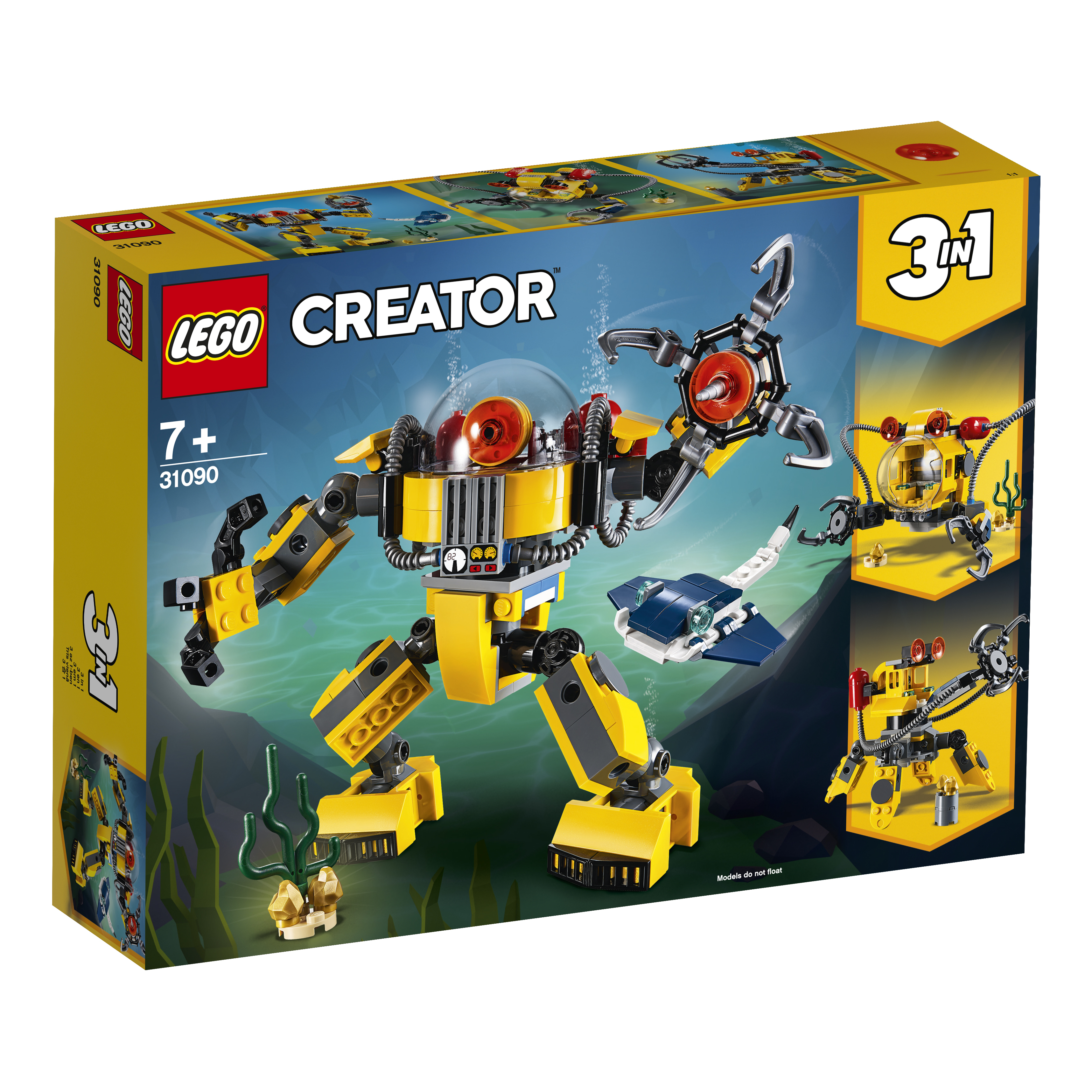 Scatola del set LEGO Creator 3 in 1 con un robot sottomarino giallo, un sottomarino bianco e blu e un sottomarino.