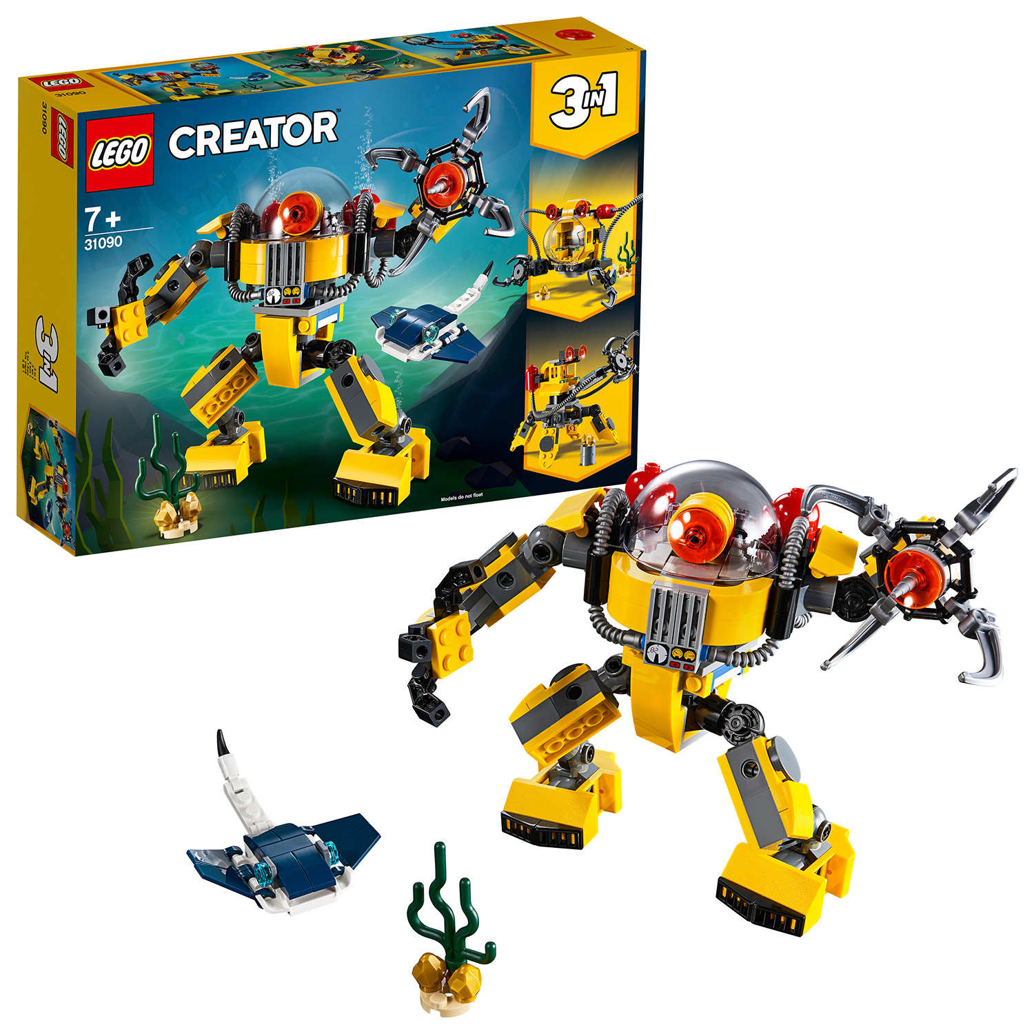 Set Lego Creator, un sottomarino robot giallo e una scatola, più un modello di manta blu.