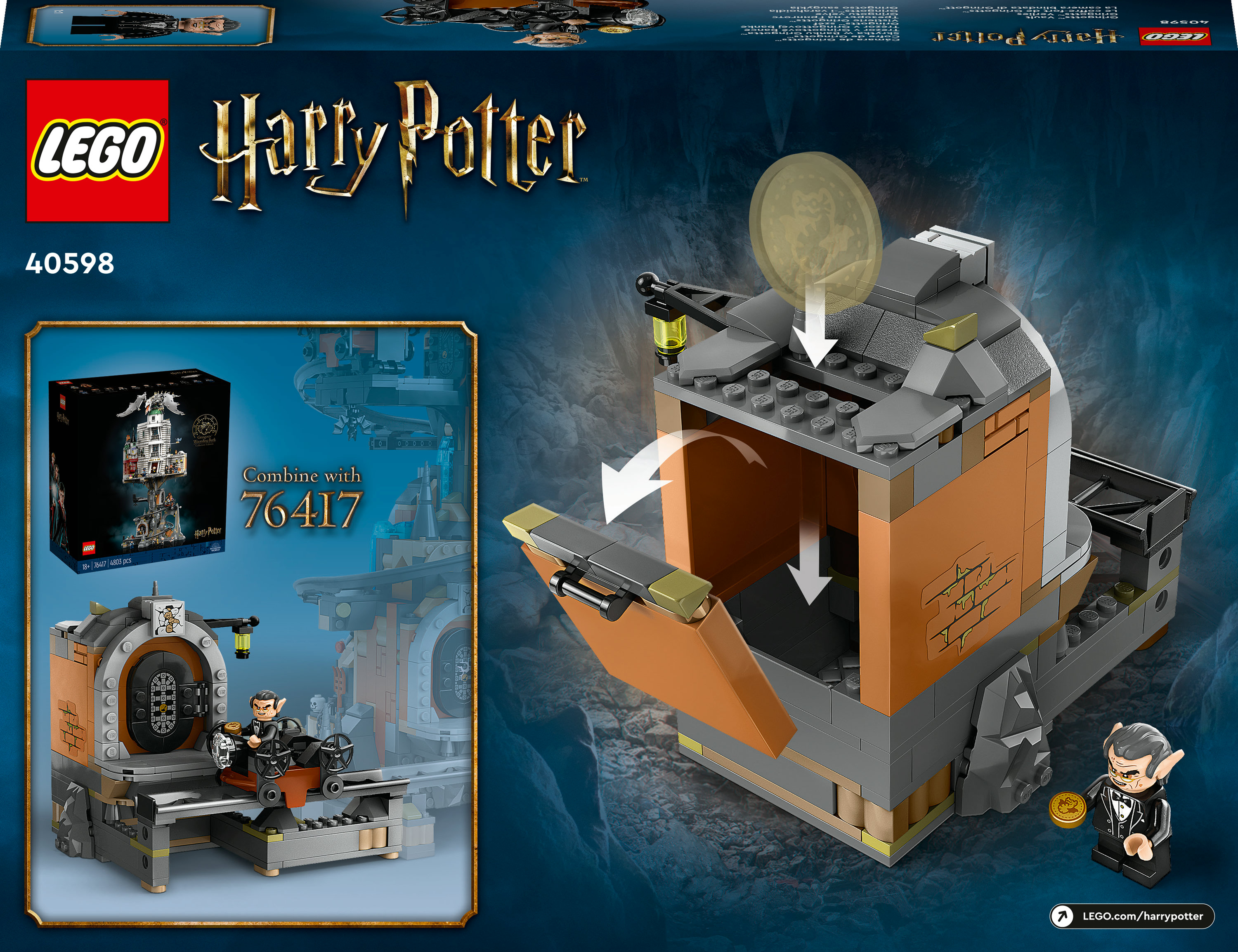 Ein Lego Harry Potter Set Karton mit einem Modell eines dunklen Raumes und zwei Minifiguren.