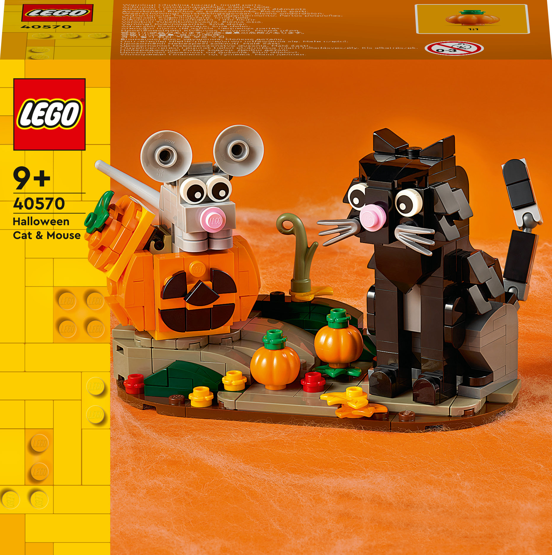 Zestaw Lego Halloween z czarnym kotem i myszą w dyni. Pomarańczowe i czarne kolory, tematyka świąteczna.