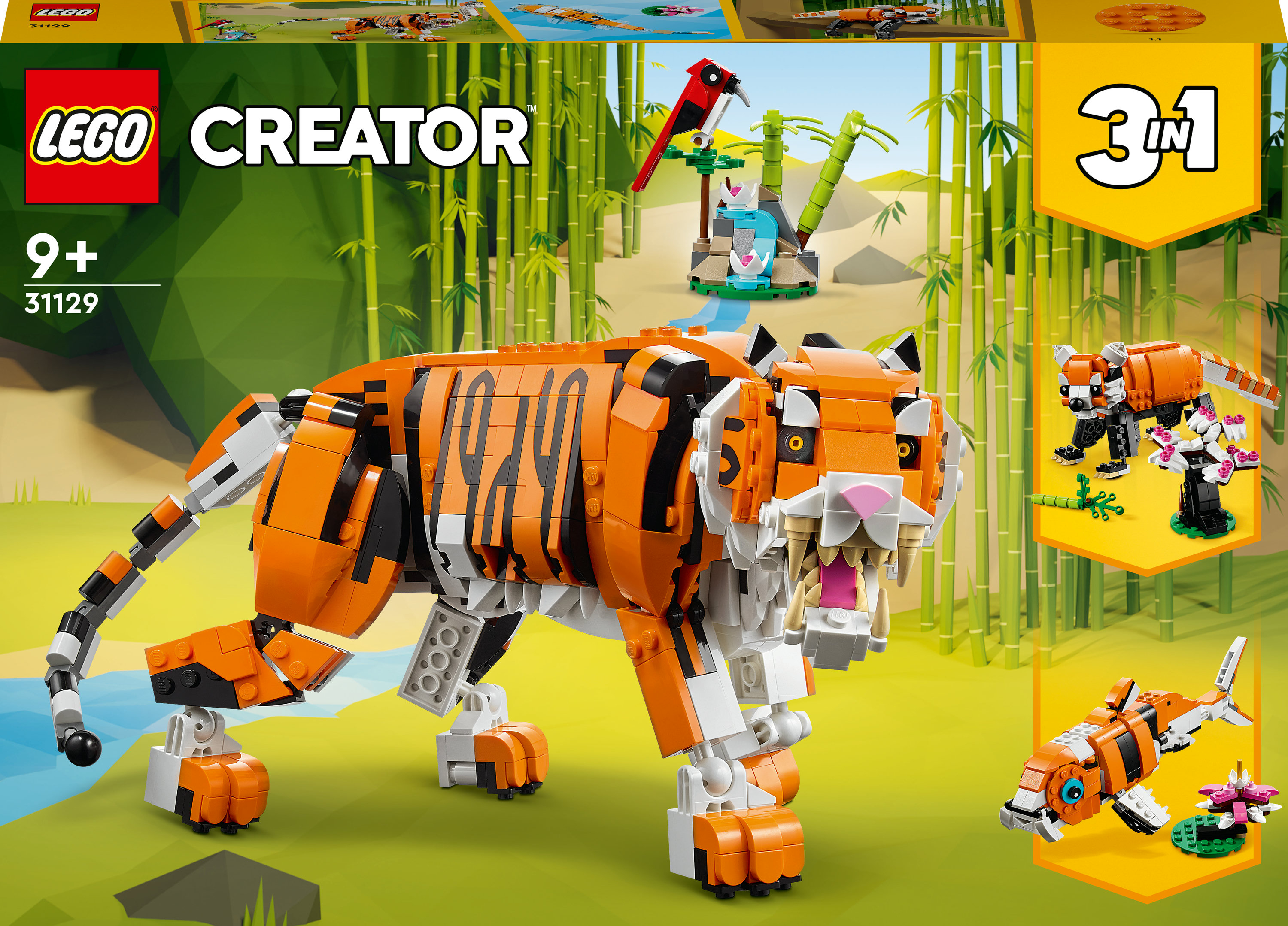 Turuncu ve siyah çizgili bir kaplan modeli ve diğer yapılar içeren bir Lego Creator seti.