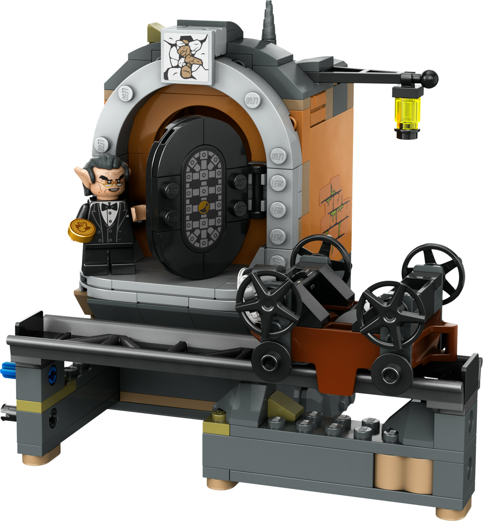 Lego-Set mit einer Bank mit Tresor, einer Zeichentrickfigur und einer Maschine.