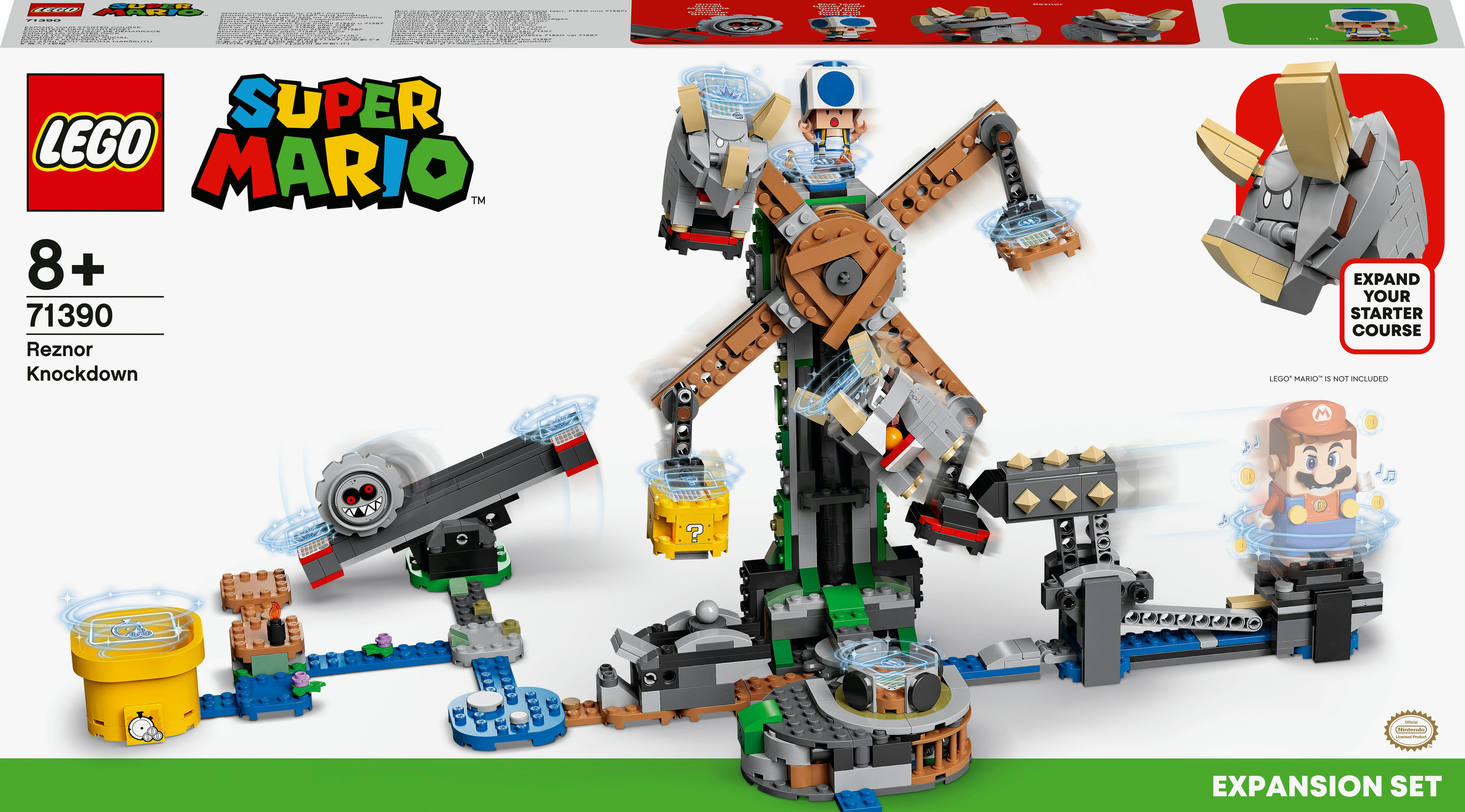 Eine LEGO Super Mario Reznor Knockdown Erweiterungsset-Box, die eine Spielszene mit Mario-Figuren zeigt.