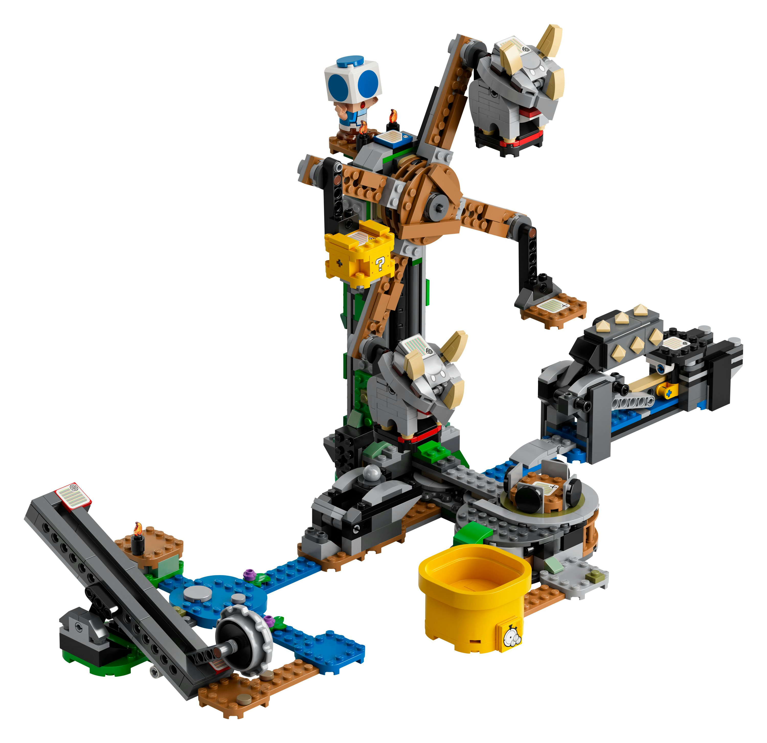 LEGO-Set mit brauner und grauer Struktur, gelben Blöcken und Minifiguren.