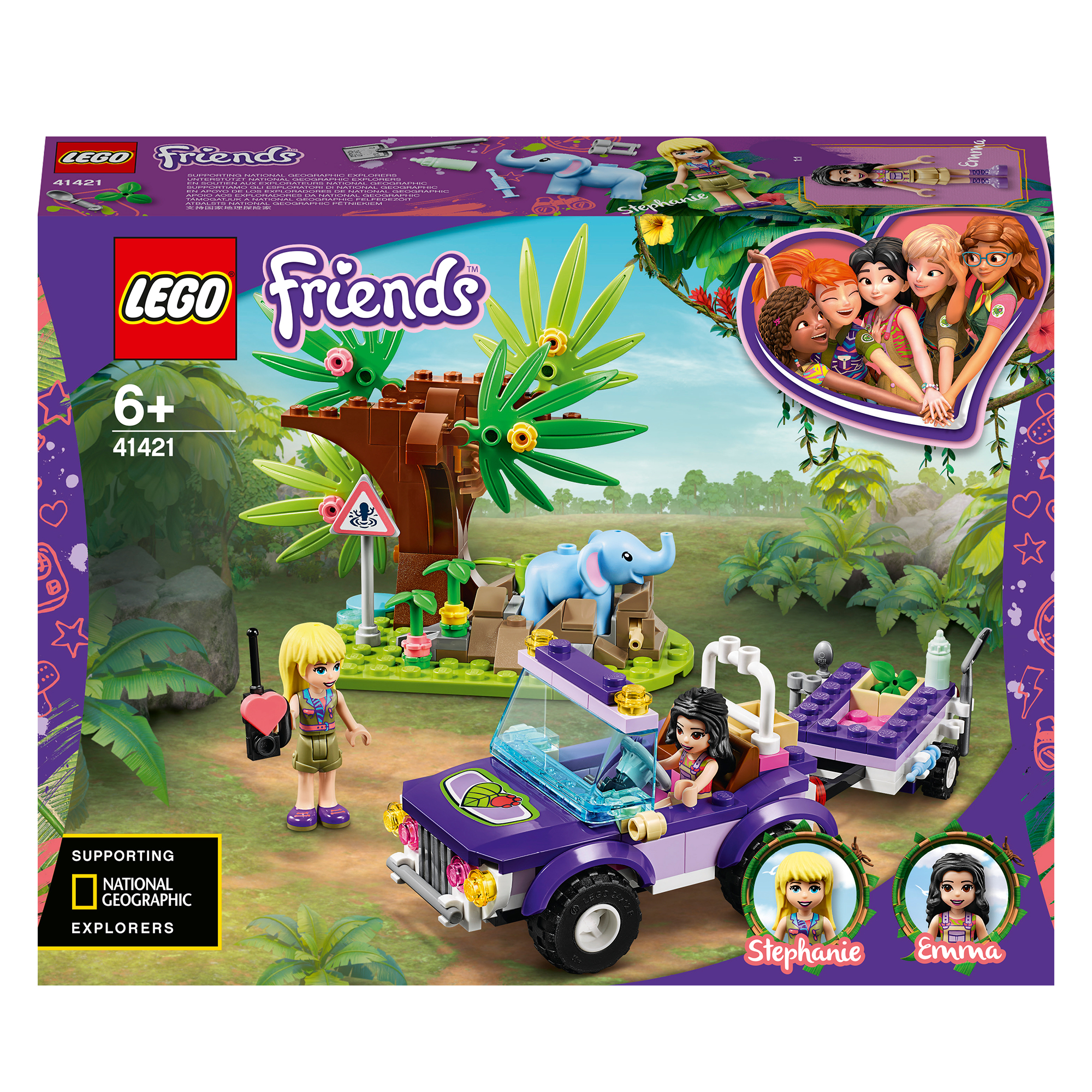 Lego Friends Set-Box zeigt einen lila Jeep und einen Anhänger mit Figuren und Dschungel-Kulisse.