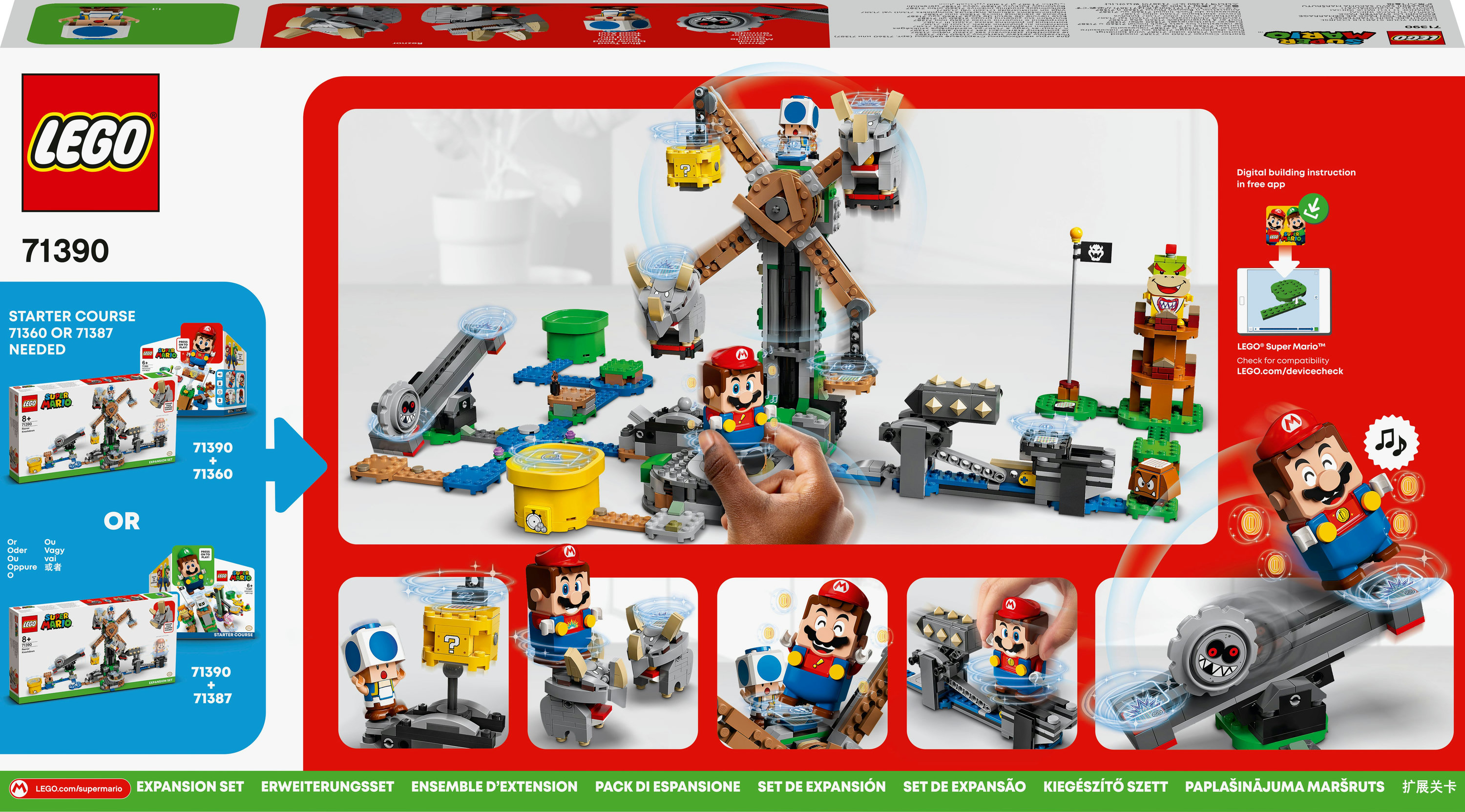 Lego Super Mario Set mit Mario, Windmühle und Streckenlayout auf weißem Hintergrund.