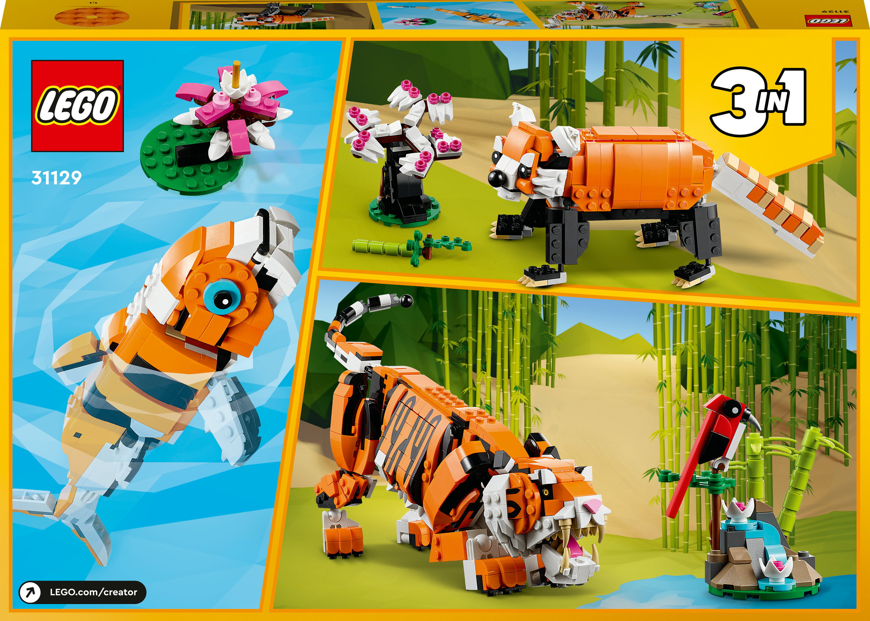 LEGO kutusu üç model gösteriyor: bir koi balığı, bir kırmızı panda ve bir kaplan, her biri LEGO tuğlalarından yapılmış.