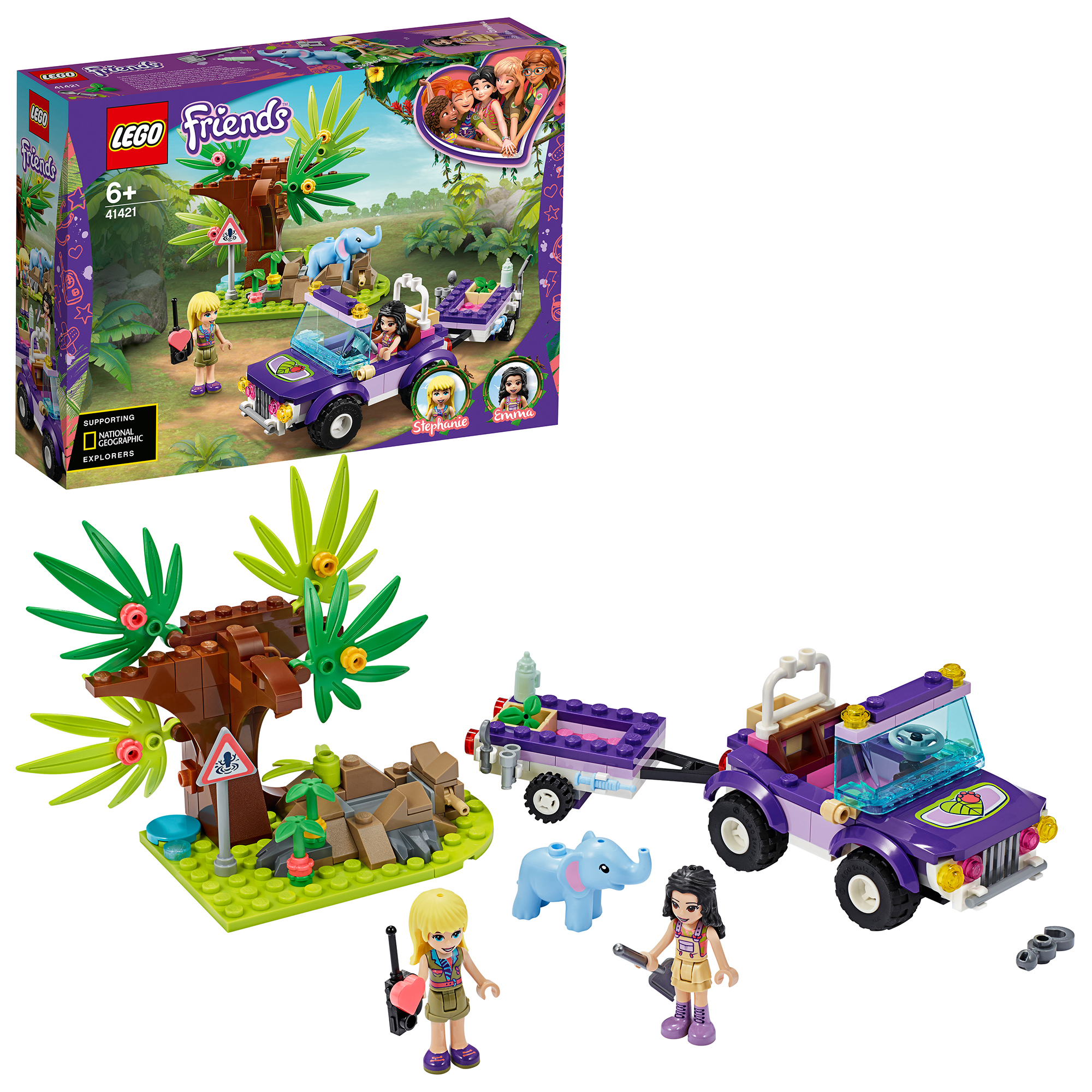 LEGO Friends Set mit lila Jeep, Anhänger, 2 Figuren, Elefant, Baum und einer Box.