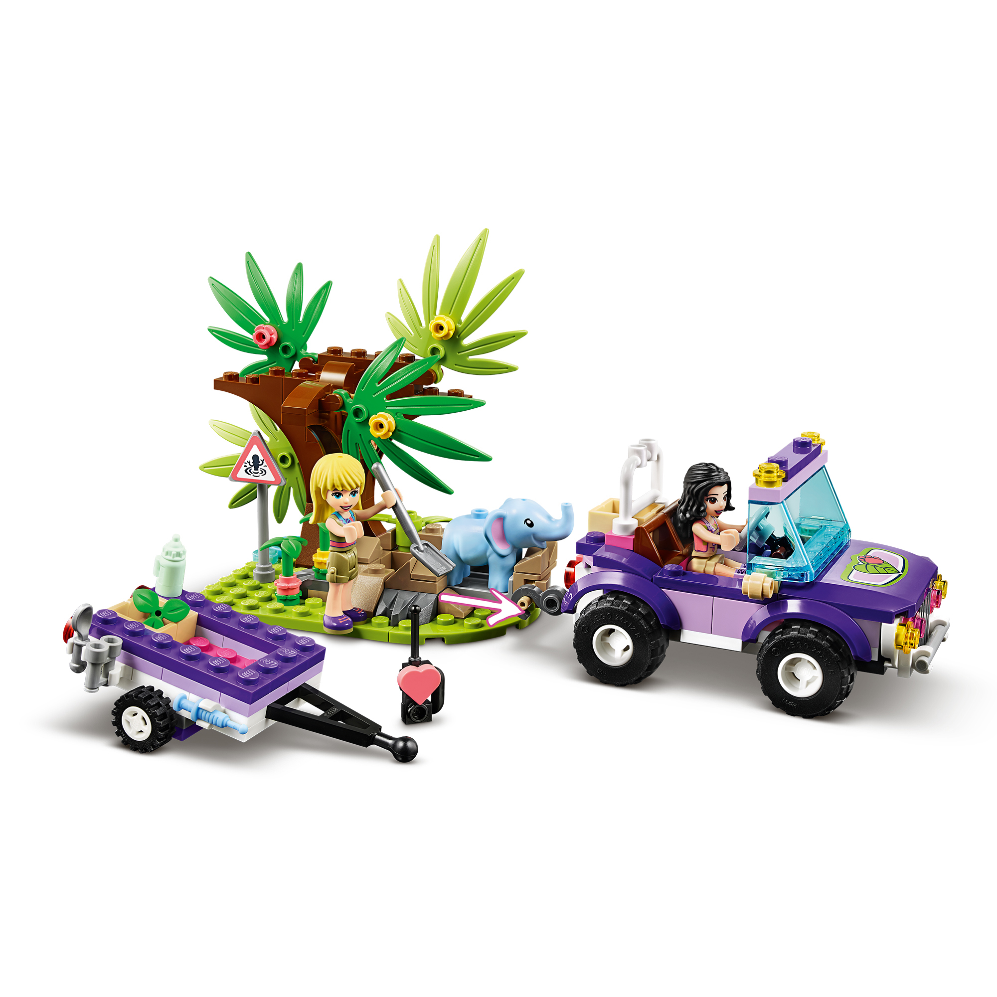 Lego Friends Set mit Figuren, einem Auto und einem Elefanten. Szene eines Dschungels.