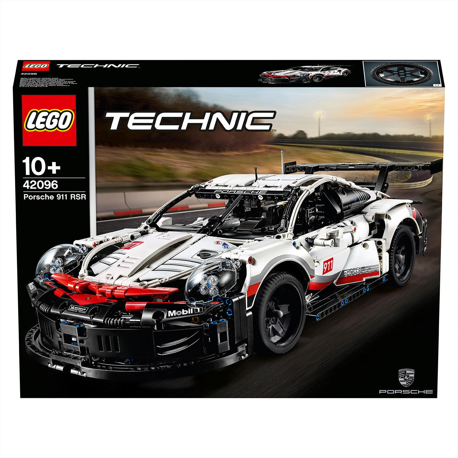 Lego Technic Porsche 911 RSR w kolorze białym z czarnymi i czerwonymi detalami, pudełko z logo i obrazem samochodu.