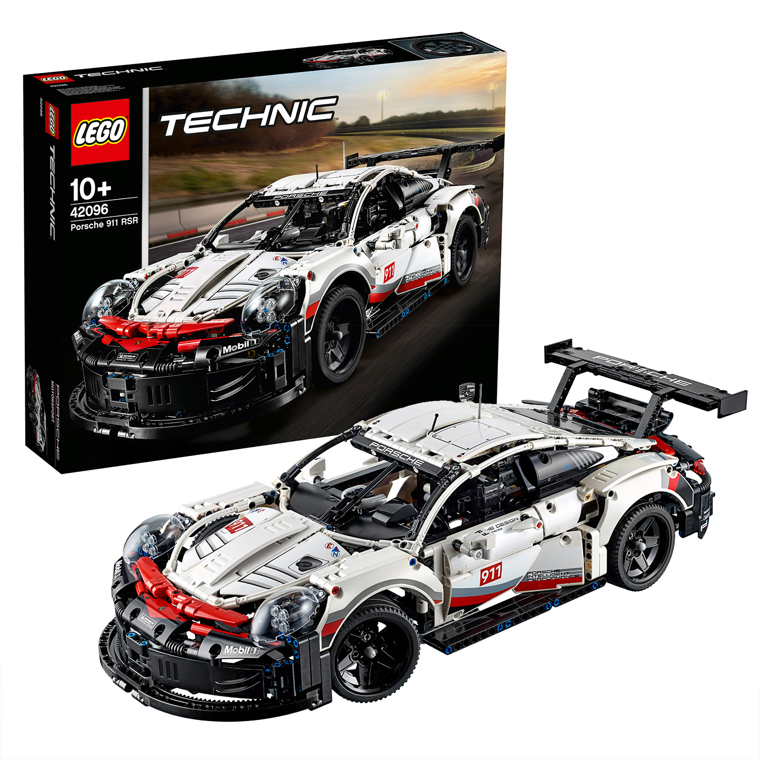 Zestaw modelarski Lego Technic Porsche 911 RSR, biały z czerwonymi akcentami.