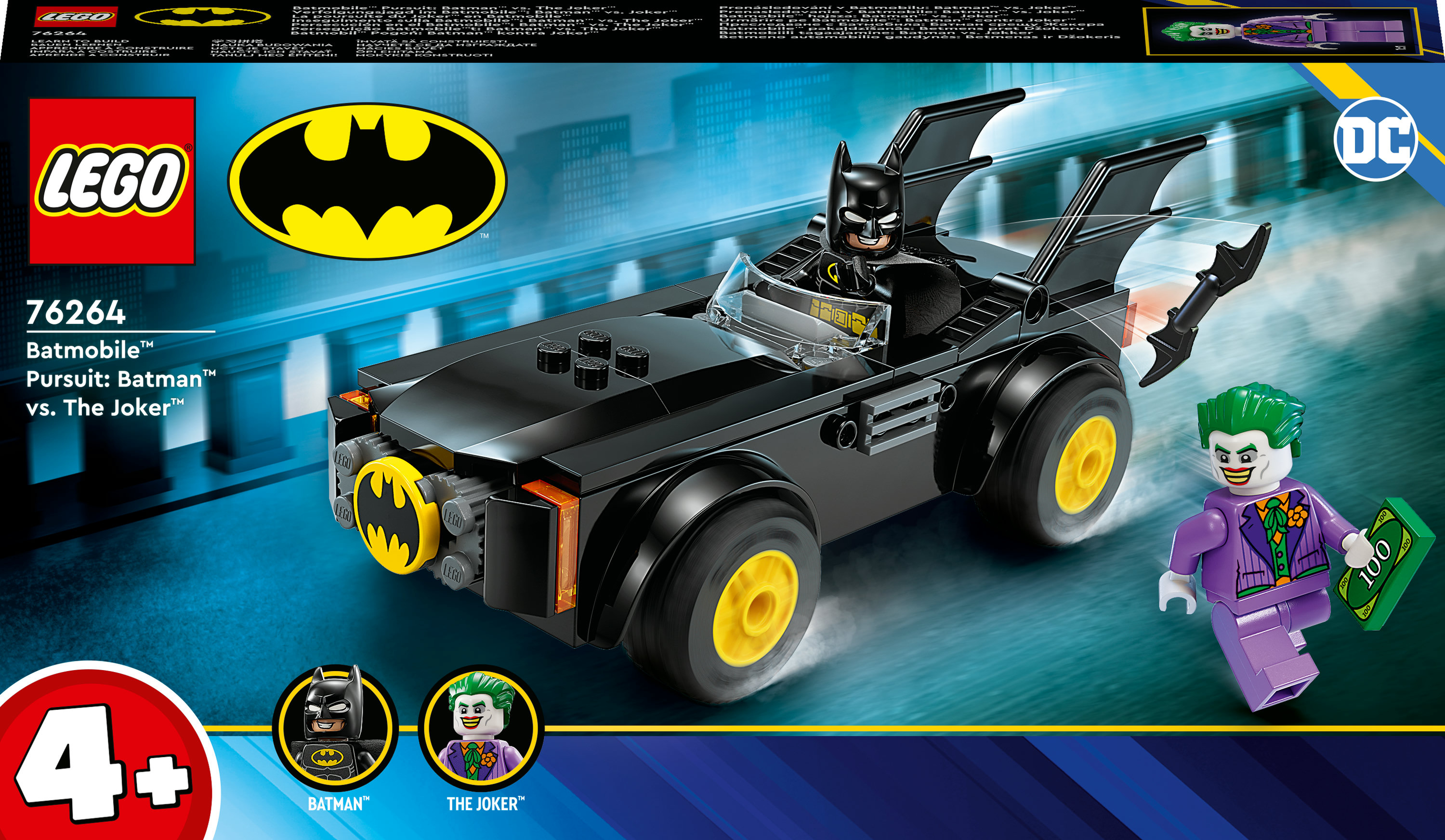 LEGO Batman Batmobil-Verfolgungsjagd-Set mit Batmobil und Joker-Minifiguren auf blauem Hintergrund.