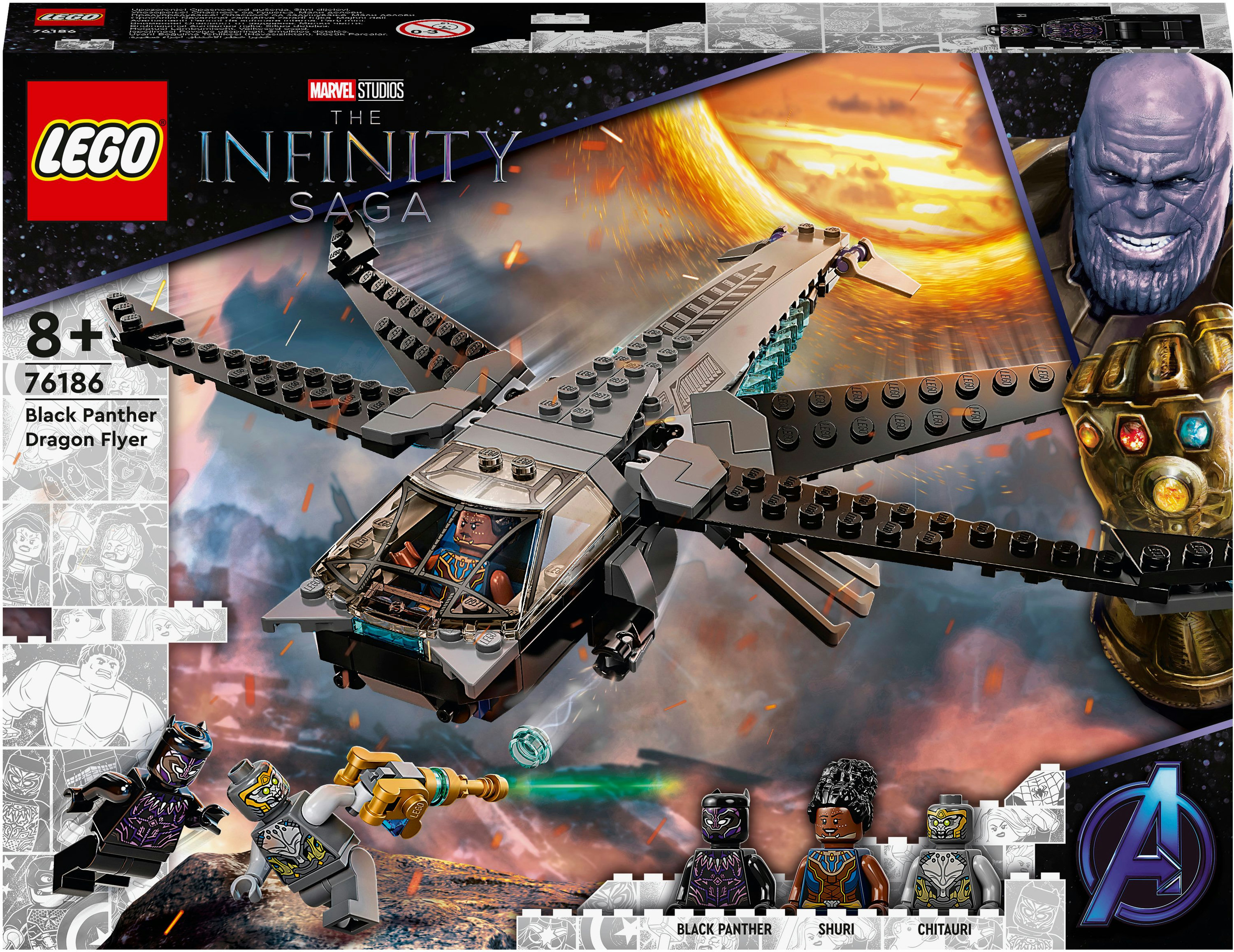 Lego-Box des Black Panther Dragon Flyer. Enthält Figuren von Black Panther und Thanos.
