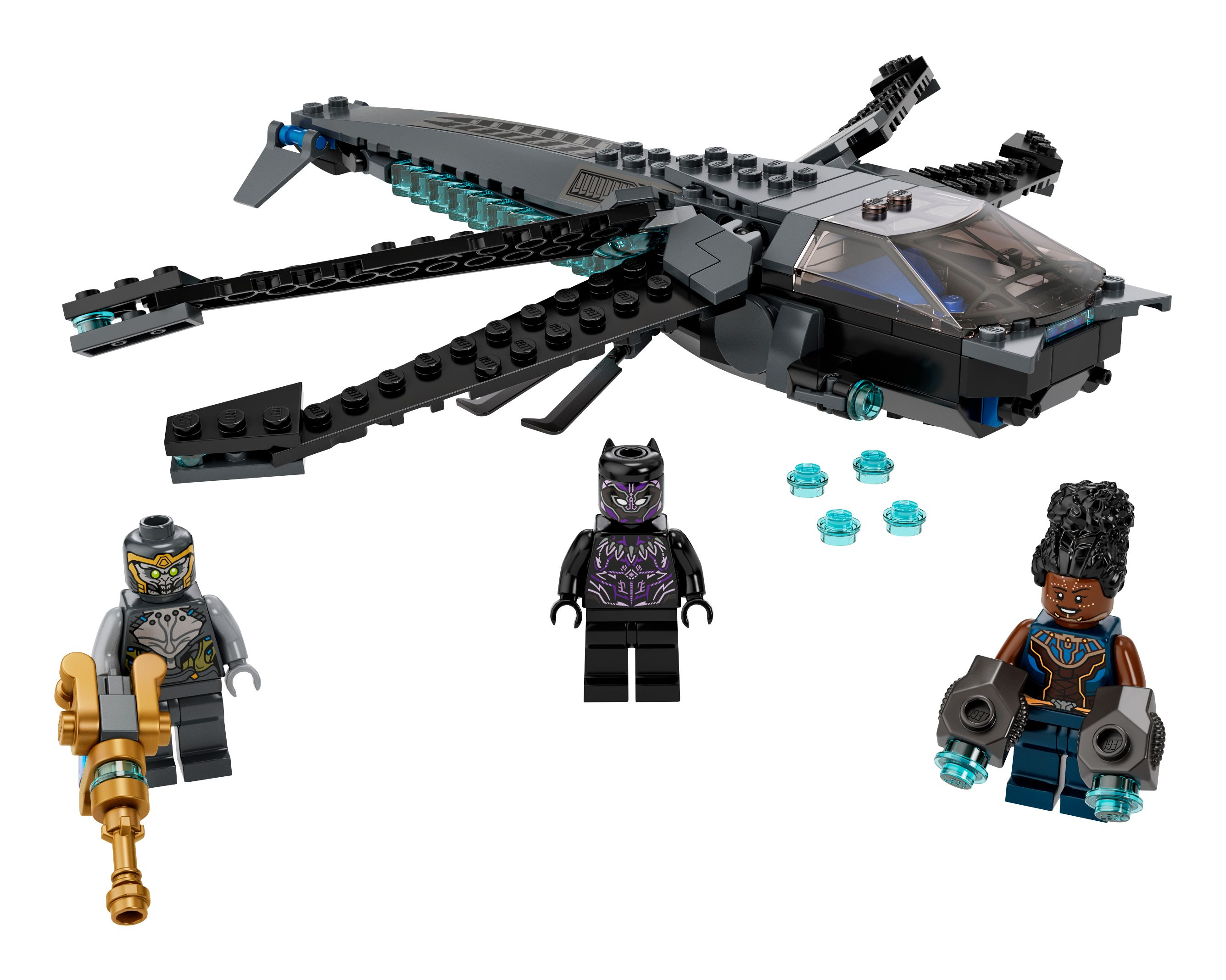 Lego Marvel Set: Black Panthers Jet, Figuren von Black Panther, einem Krieger mit Waffe und einer Frau mit Waffen.