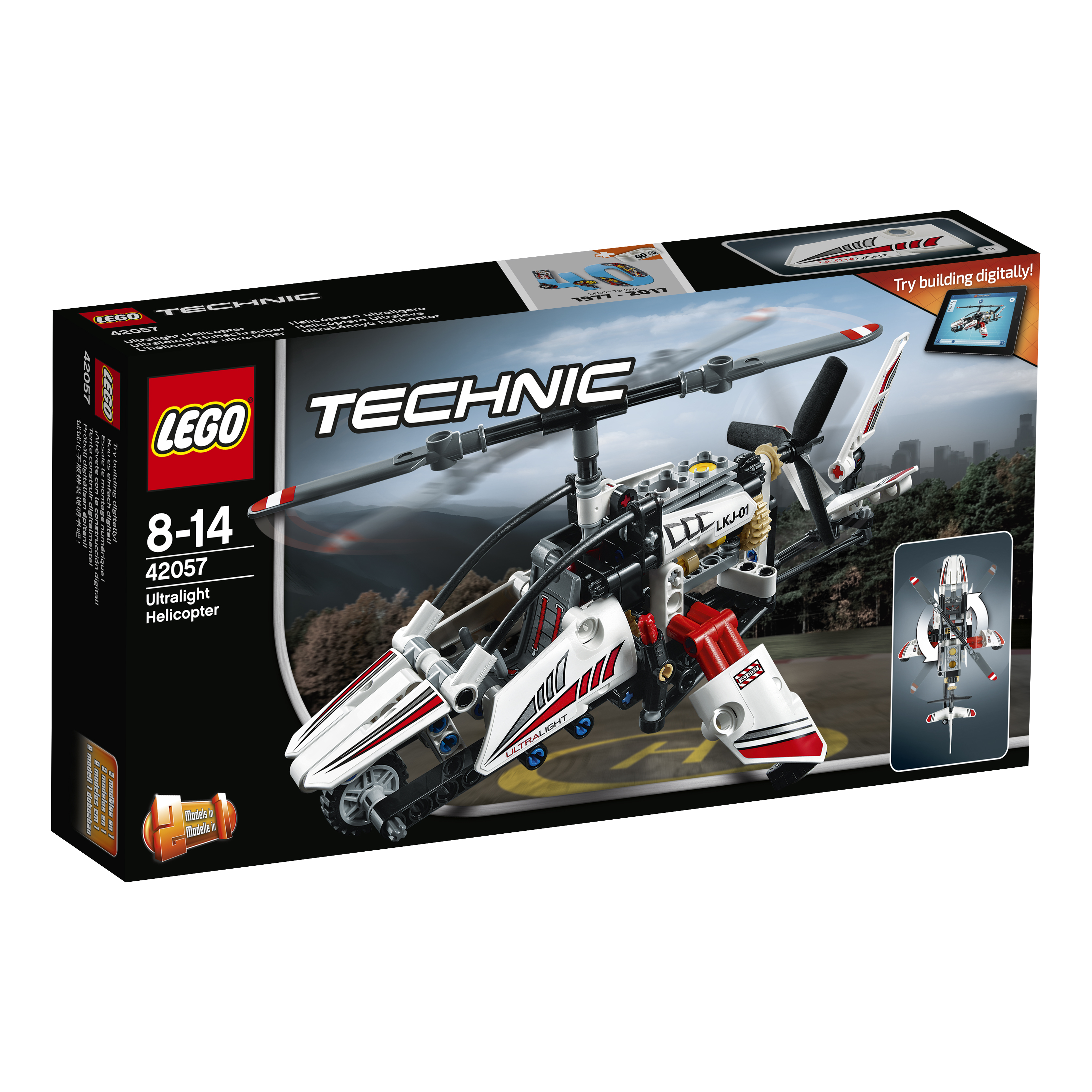 Zestaw Lego Technic Ultralight Helicopter, biało-czerwony design.