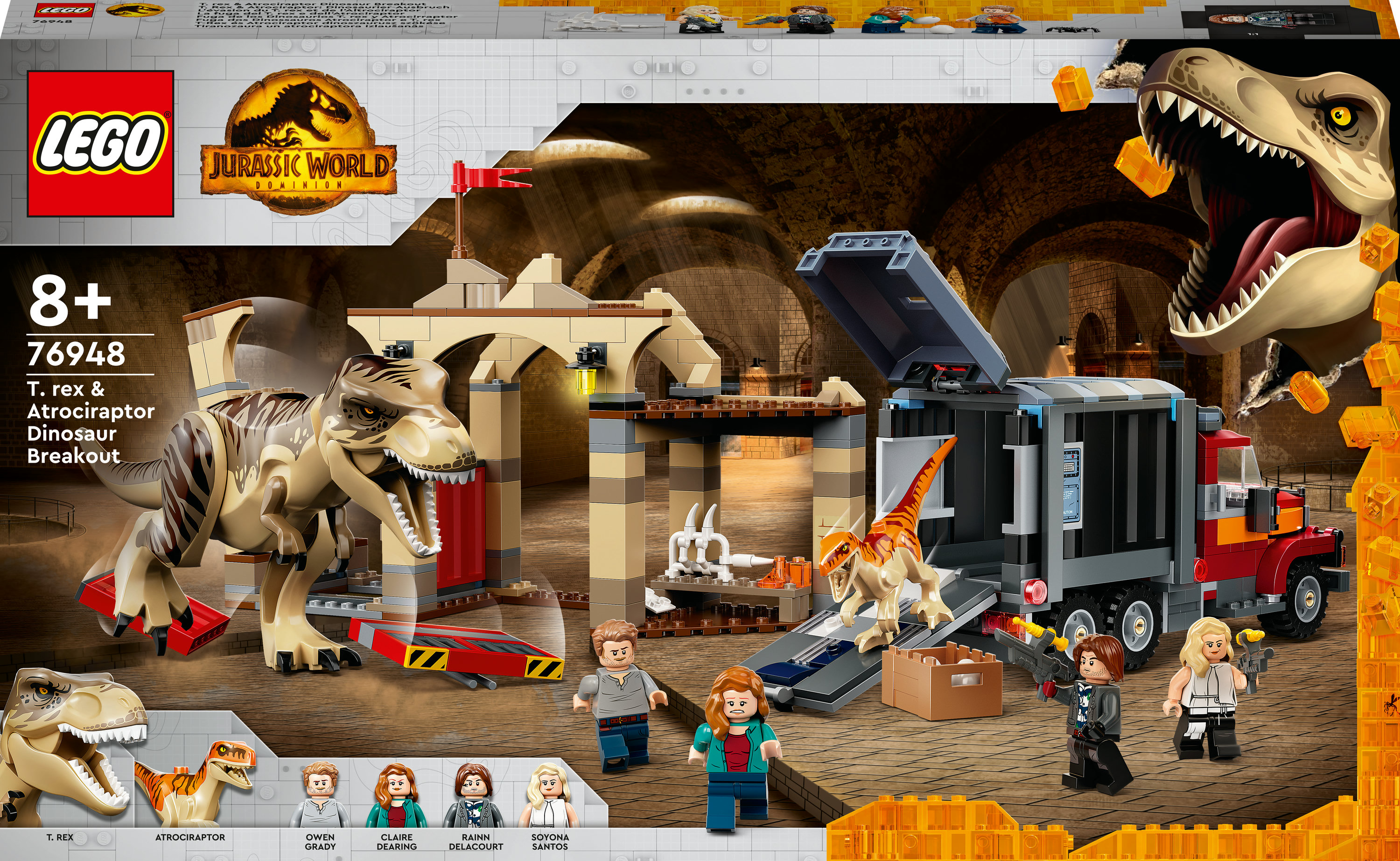 Lego Jurassic World Set mit T-Rex, Atrociraptor und Figuren.