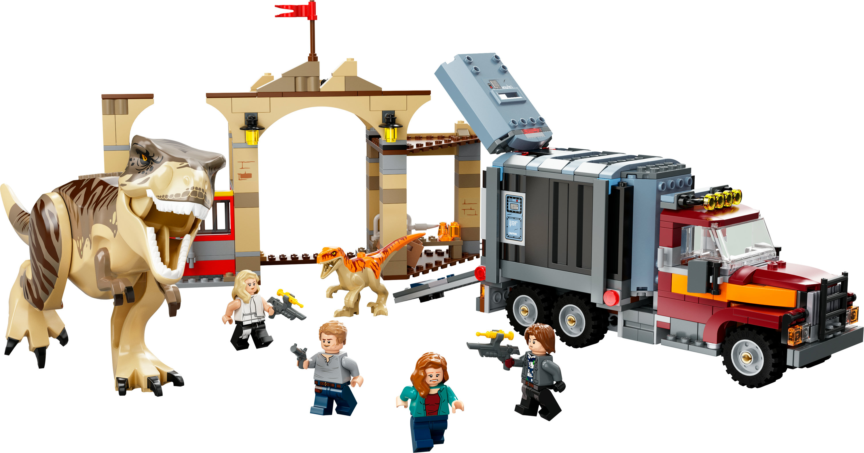 Lego-Set einer Dinosaurierszene mit einem T-Rex, Figuren, einem Lastwagen und einem Tor.