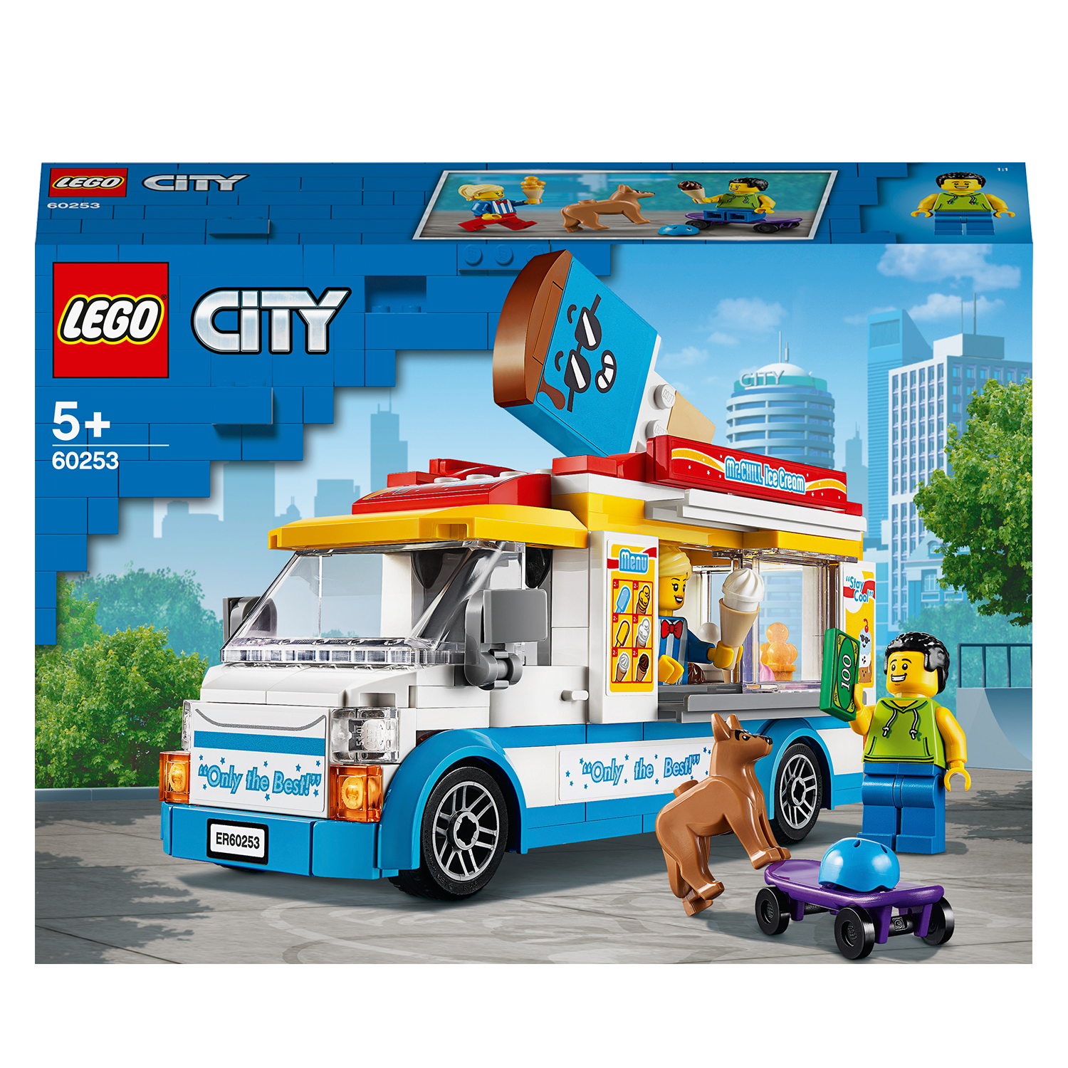 Lego City Set mit einem Foodtruck und Minifiguren. Szene zeigt einen Hund und ein Skateboard.