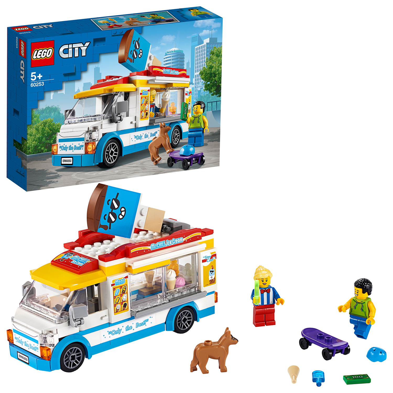 Ein Lego City Eiswagen-Set mit Minifiguren und Zubehör.