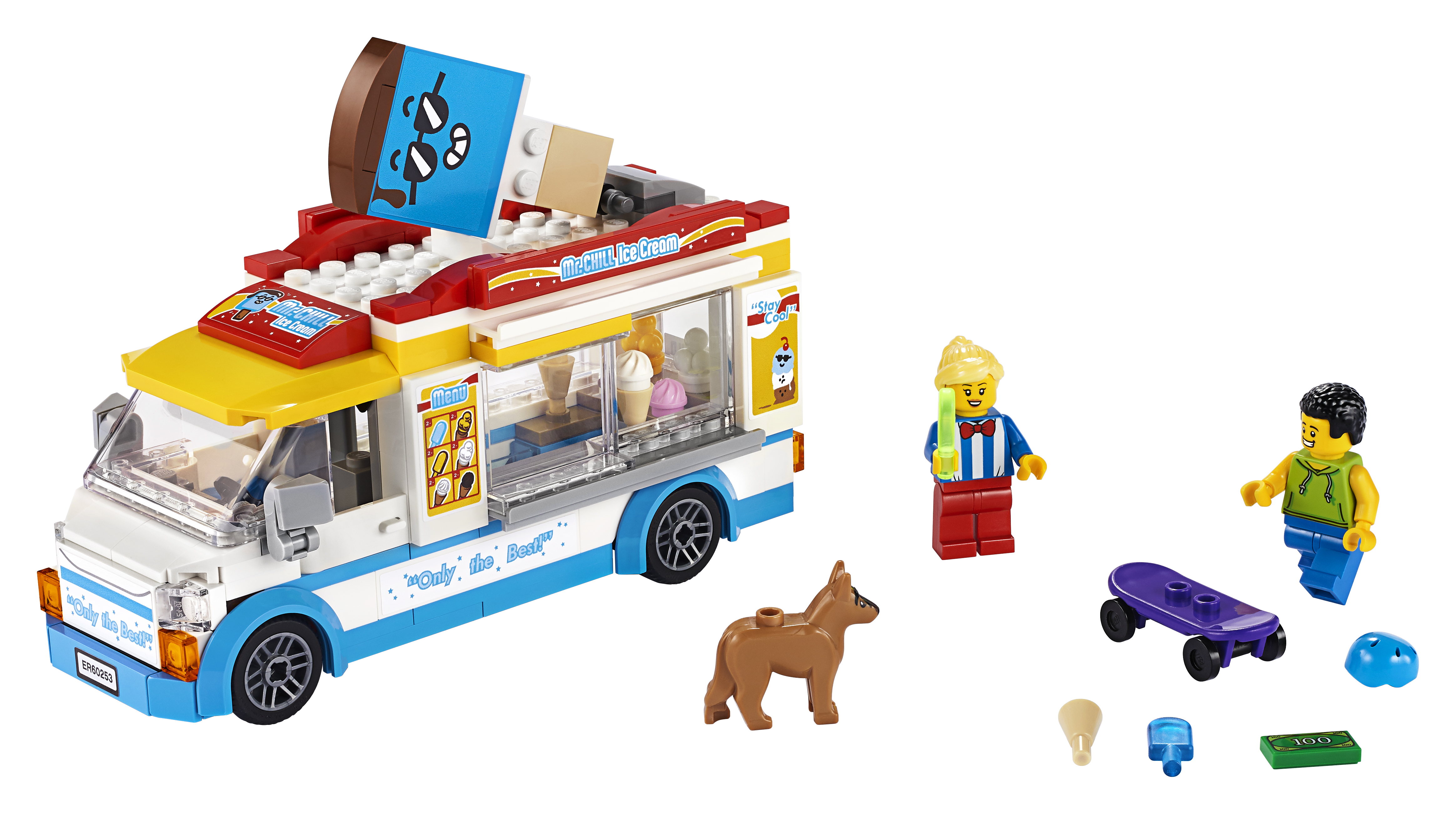 Lego City Eiswagen-Set mit Figuren, Hund, Skateboard und Eistüten.