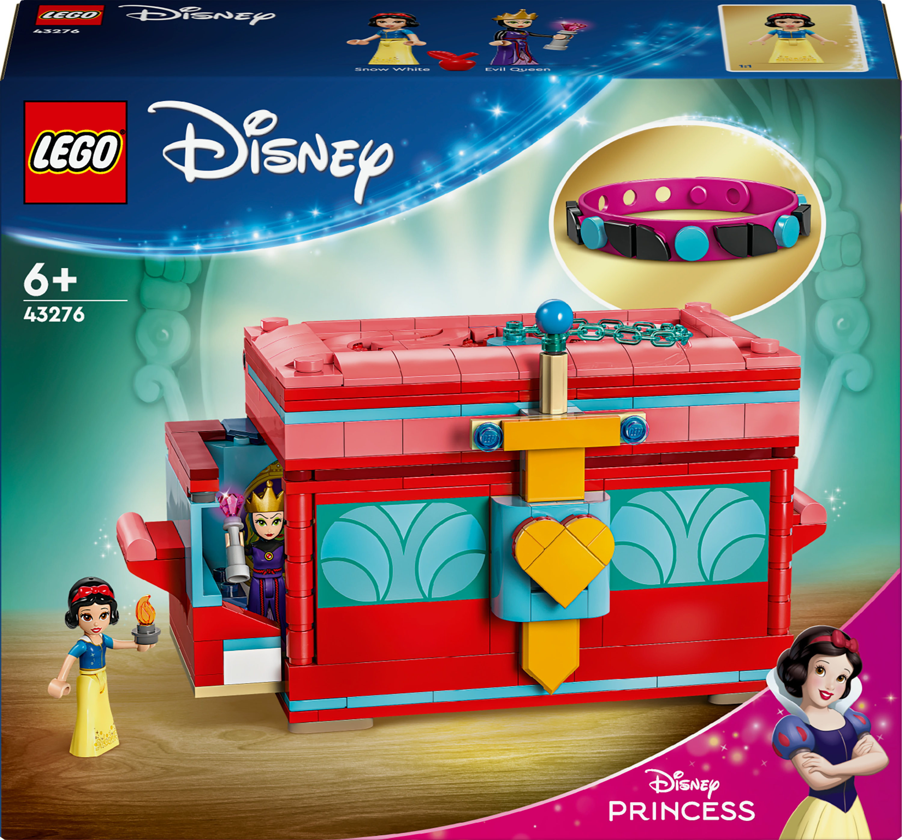 Zestaw Lego Disney z Królewną Śnieżką, Złą Królową i skrzynią z bransoletką.