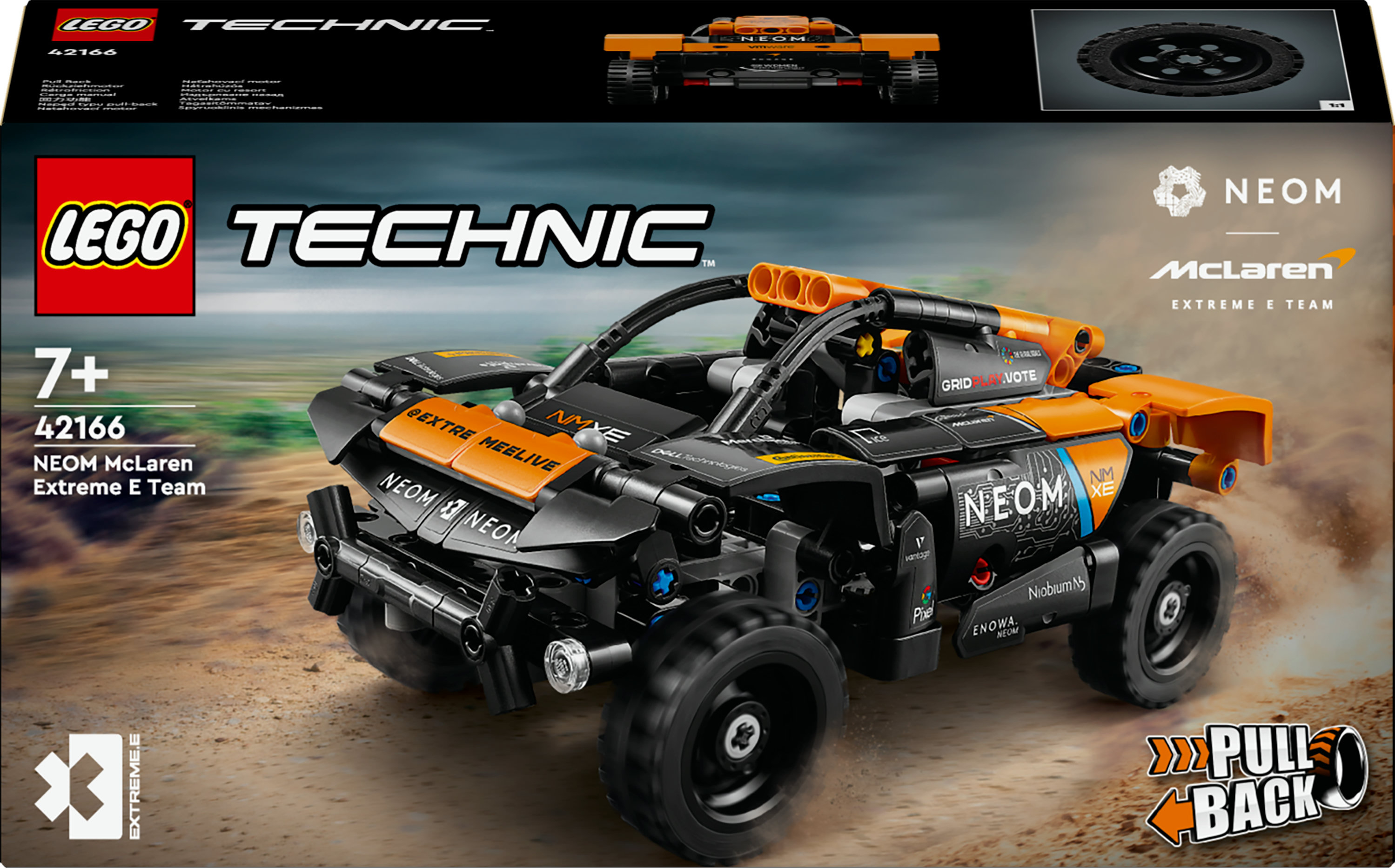 Lego Technic Box-Set eines schwarz-orangenen McLaren Extreme E Team Autos.