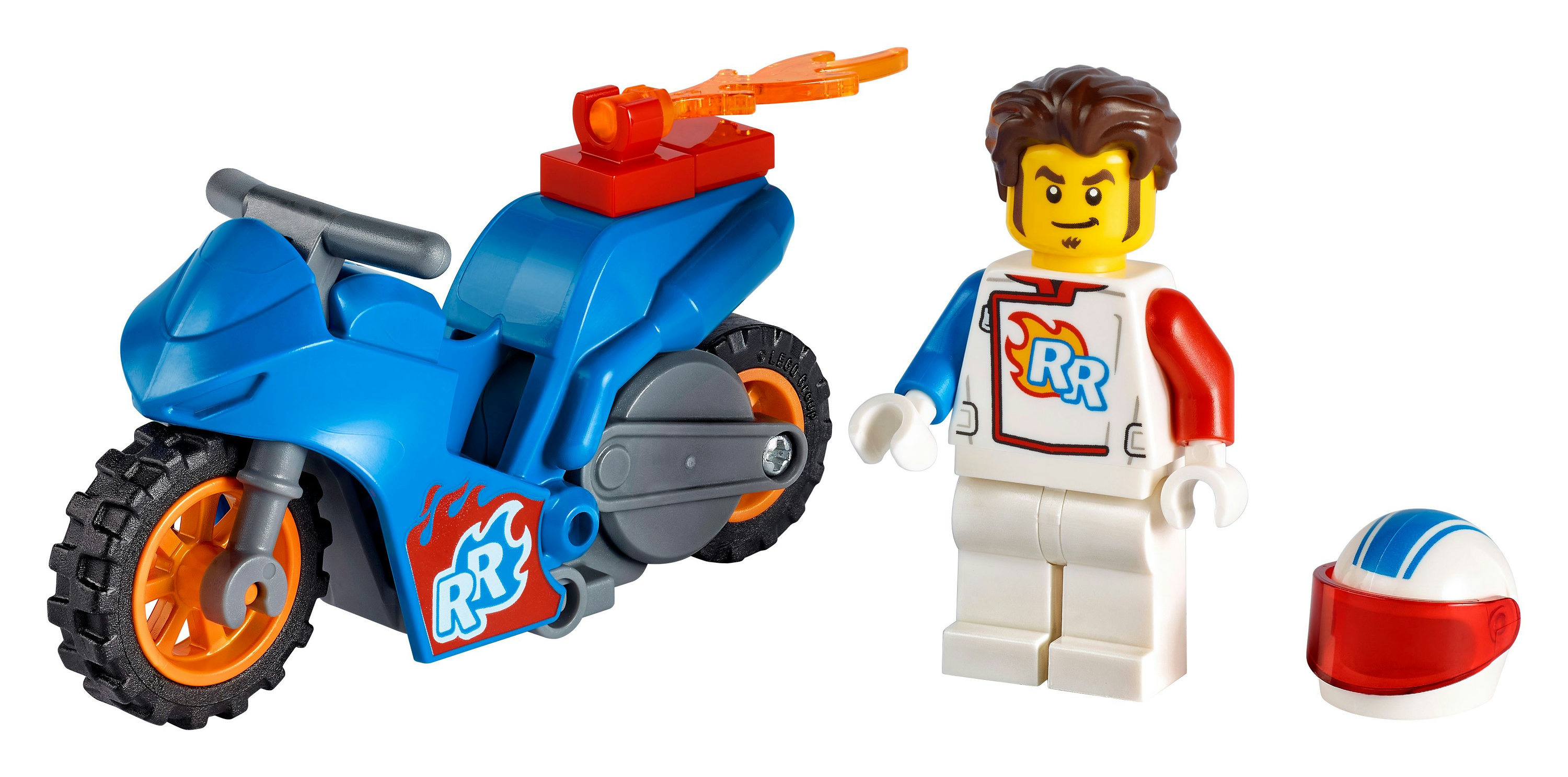 Set Lego City: una moto blu con una minifigure e un casco su sfondo bianco.