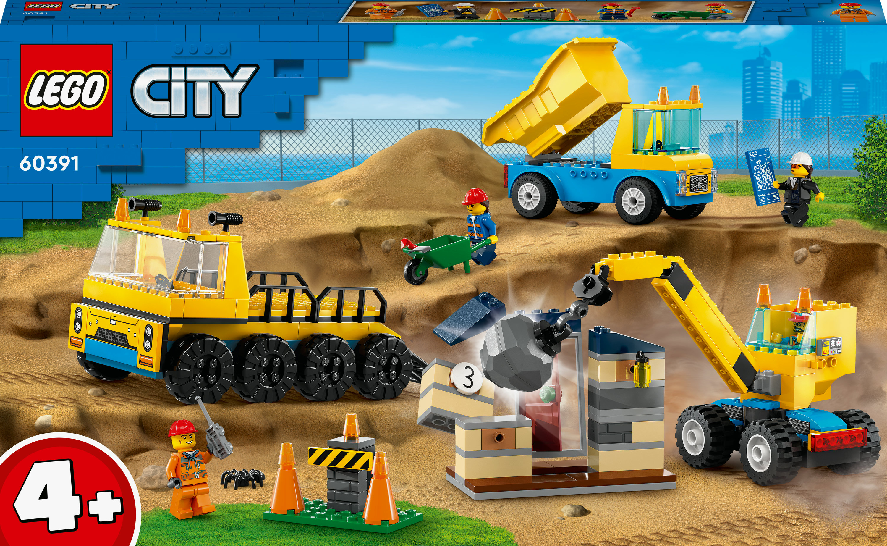 Escena de construcción LEGO City con vehículos, figuras y accesorios como un camión volquete.