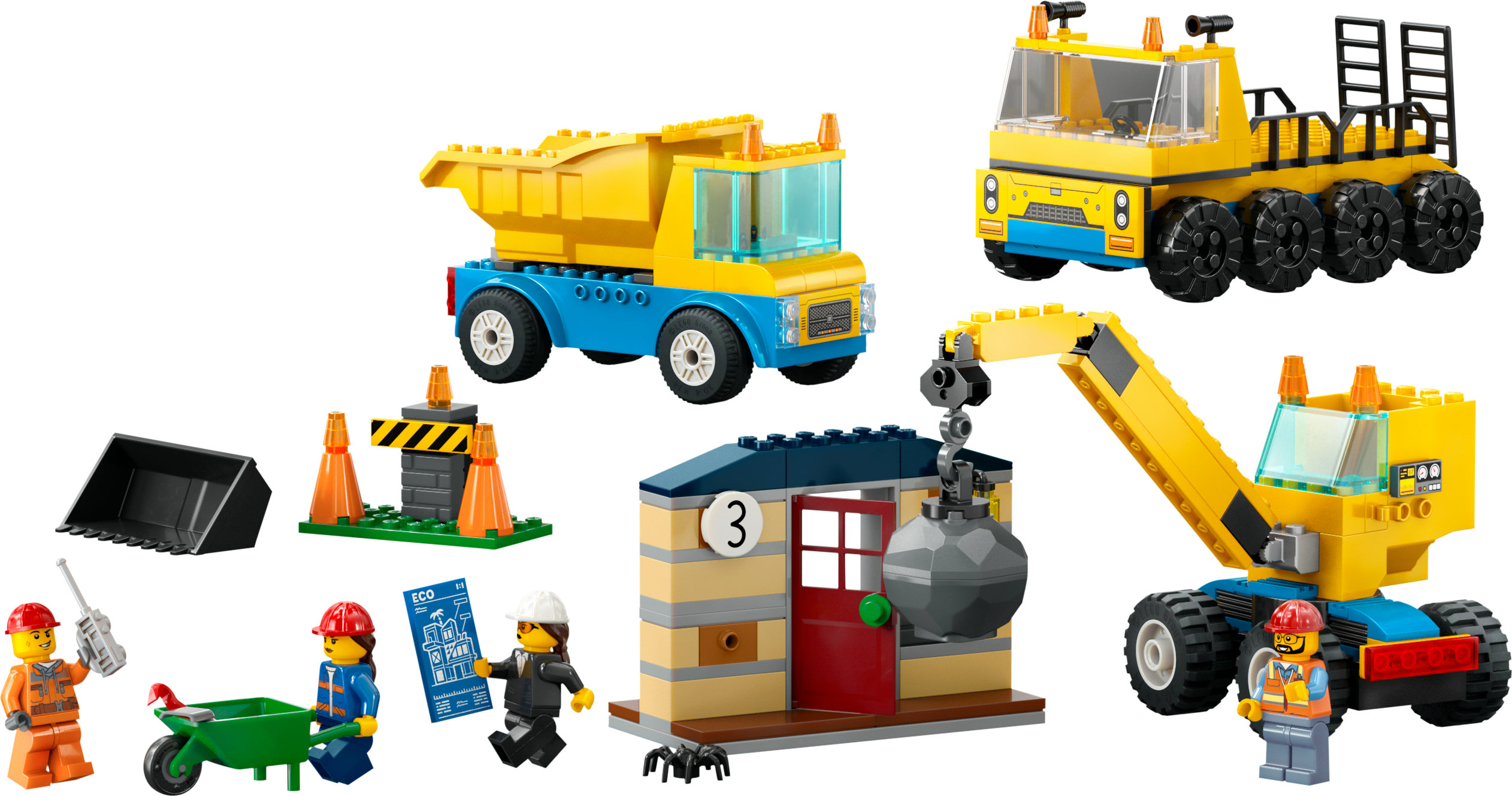 Set de construcción LEGO City con varios vehículos y trabajadores. Incluye un camión volquete, una excavadora y un sitio de construcción.
