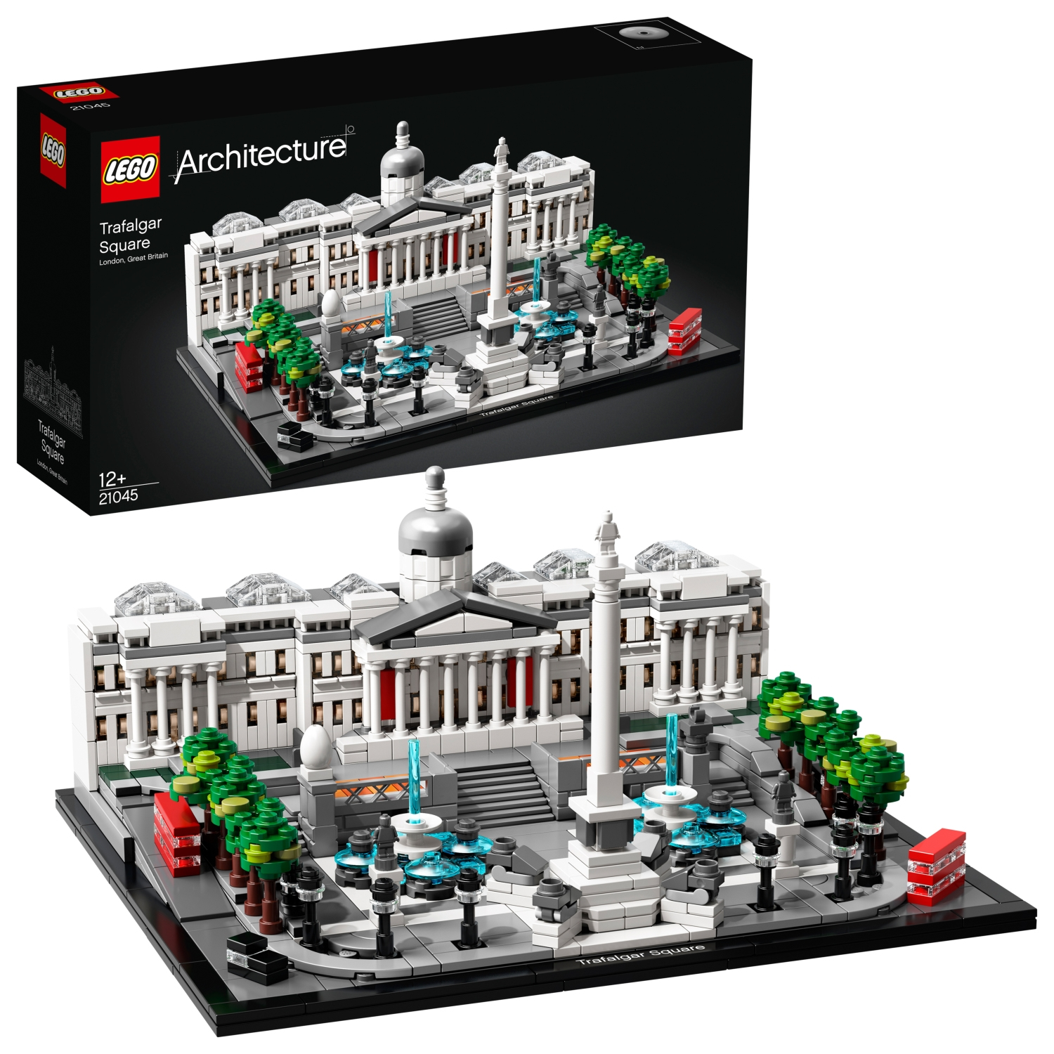 Ein Lego Architecture Set des Trafalgar Square mit Gebäuden, Bäumen und Menschen.