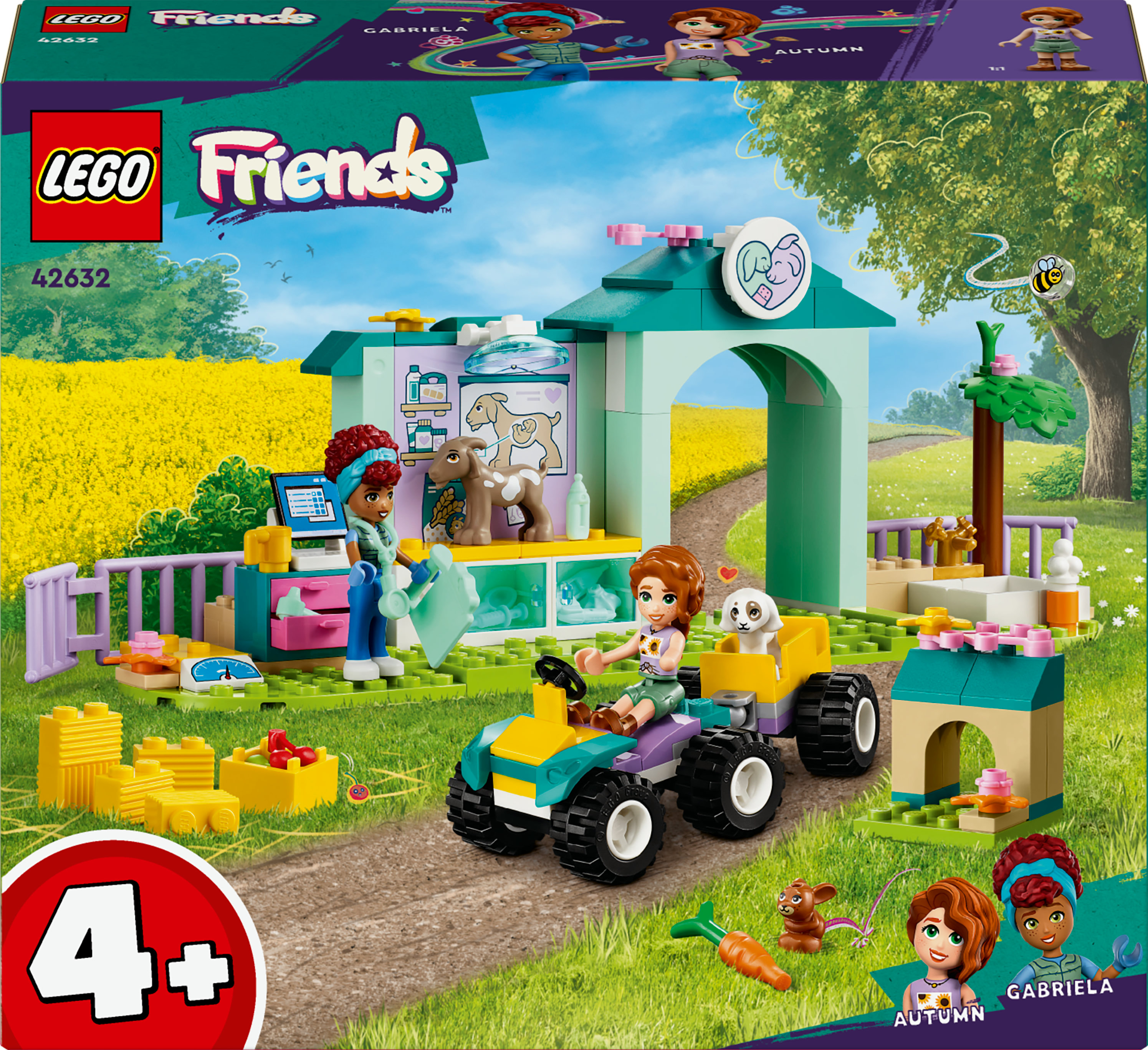 Lego Friends seti. Veteriner kliniği, figürler, römorklu ATV ve bir tarla arkaplanı içerir.