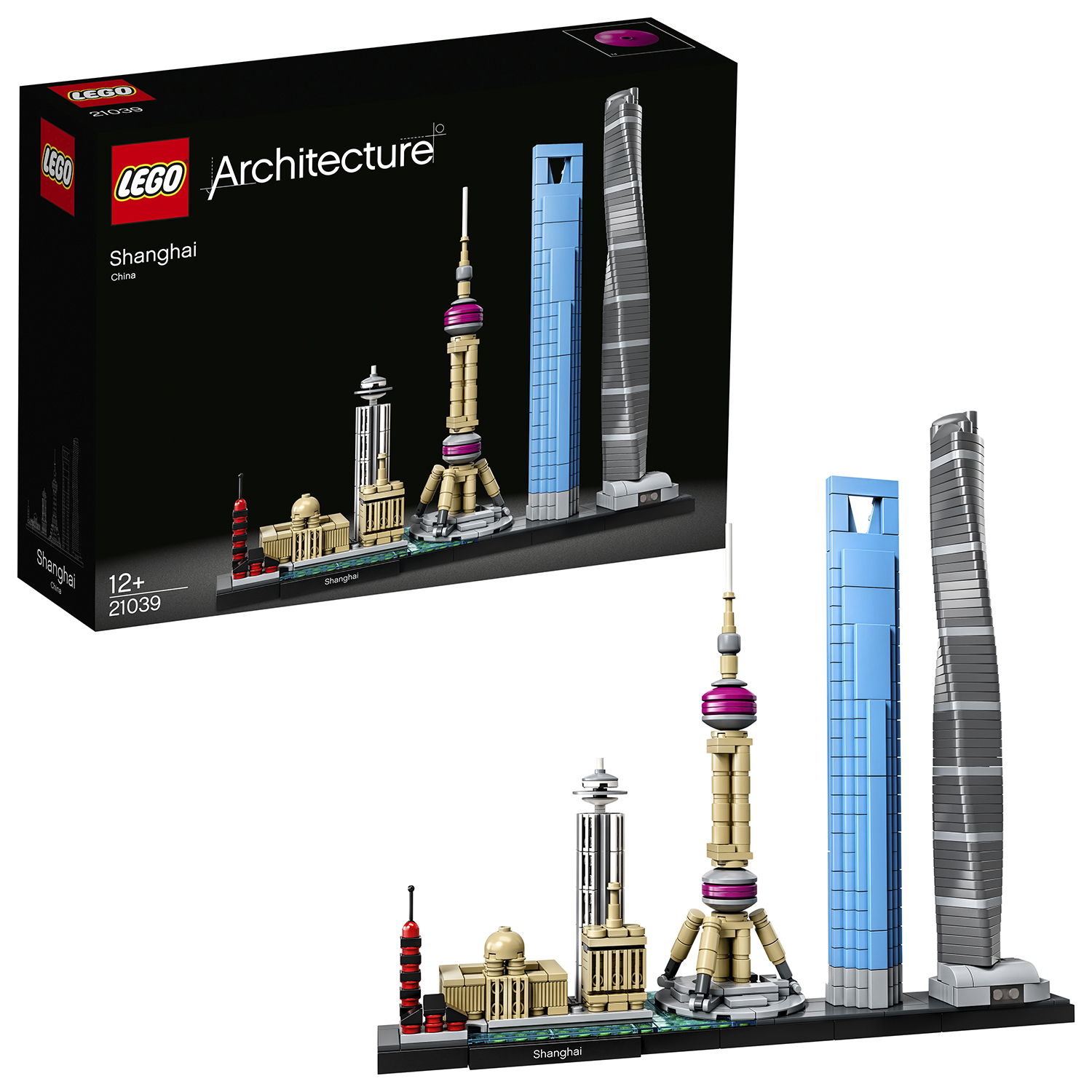 Set Lego Architecture Shanghai, che mostra edifici iconici su una base nera con scatola sullo sfondo.