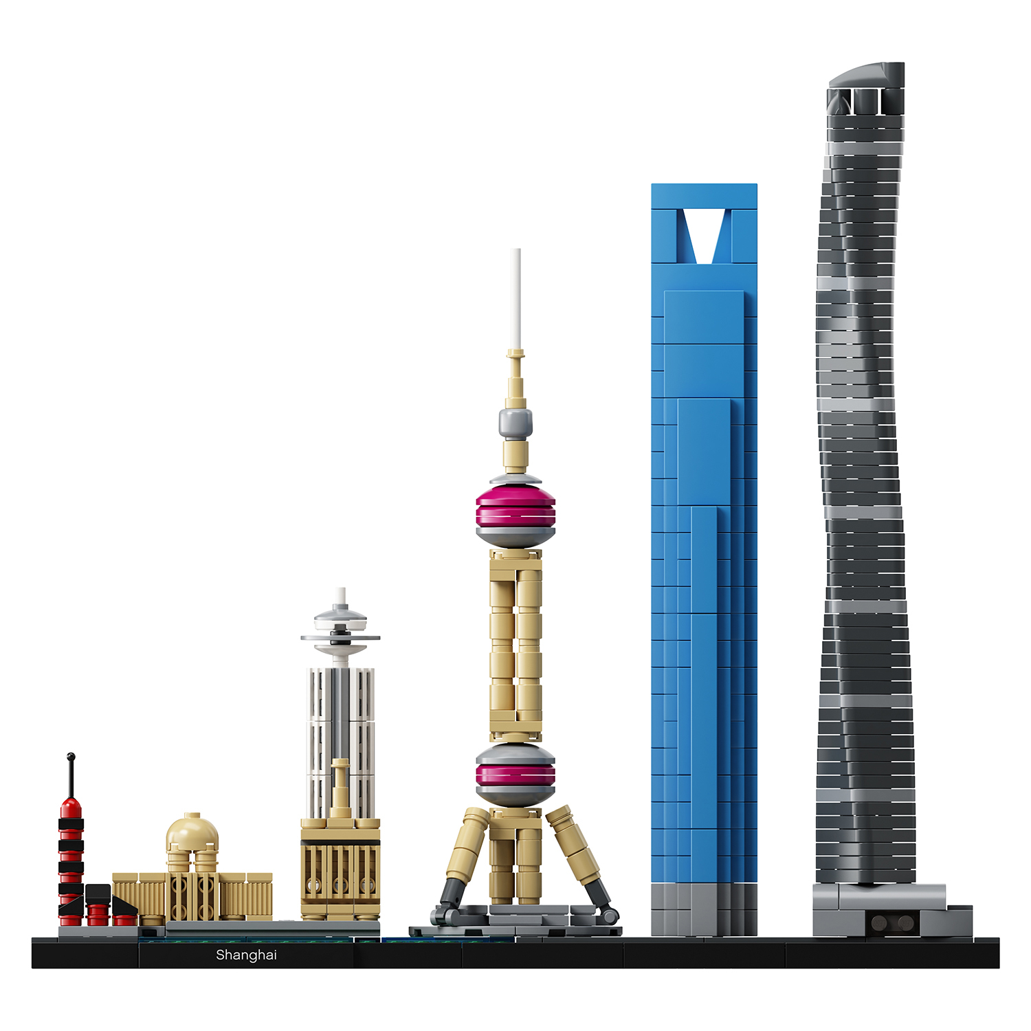 Set Lego raffigurante diversi edifici di Shanghai su una base nera, tra cui una torre e un edificio.