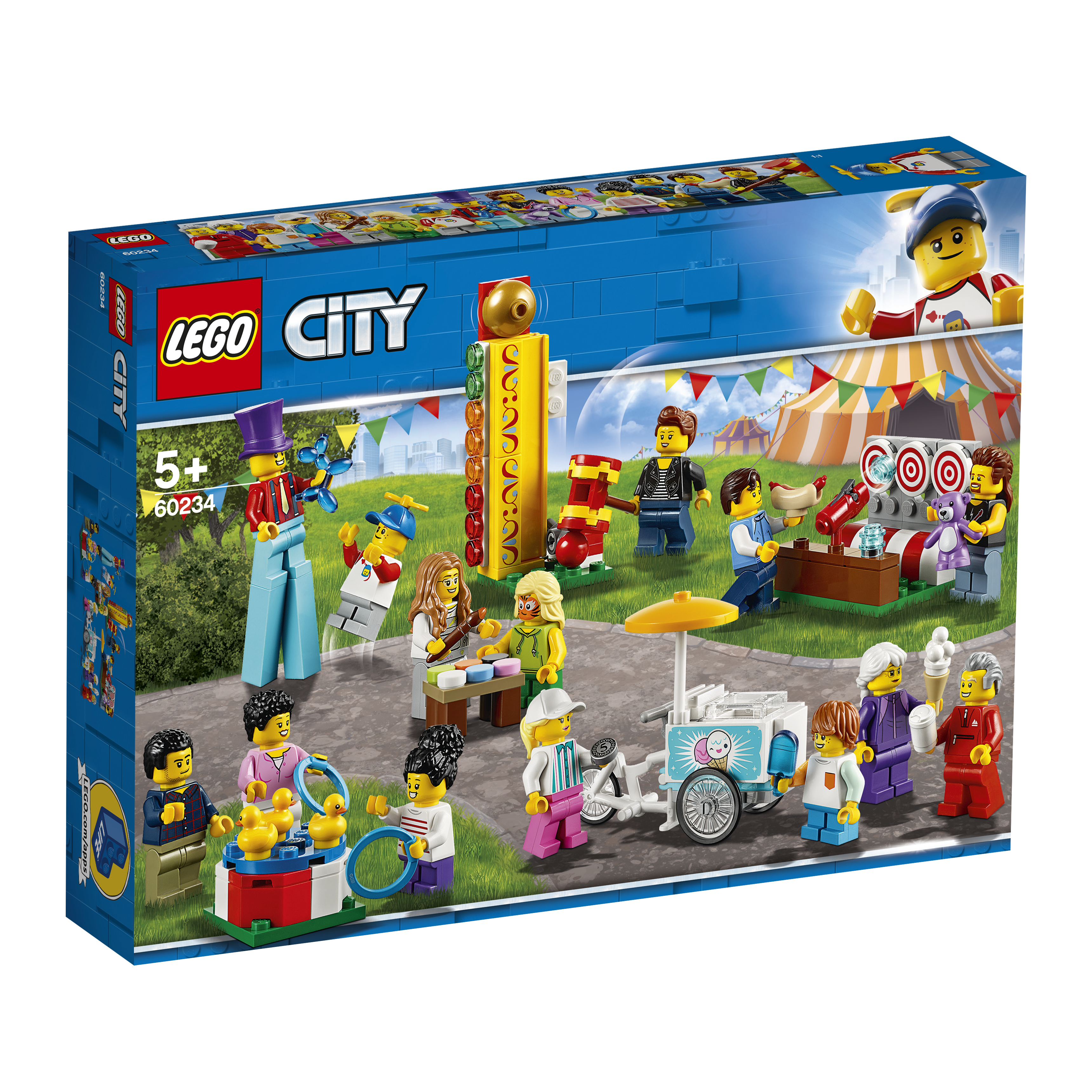 Lego City-Set zeigt eine Jahrmarktszene mit Figuren, Essensständen und Spielen. Eine Box links.
